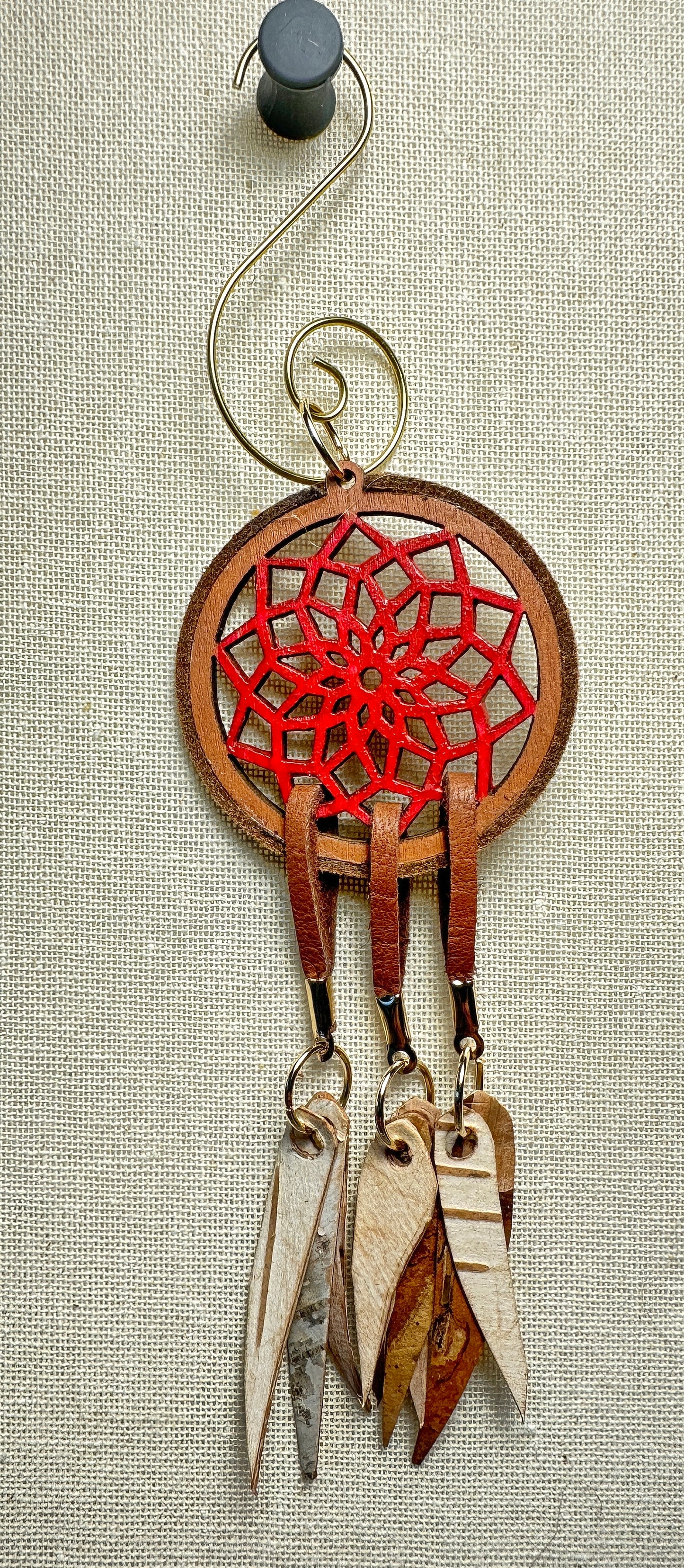 Hand painted Wooden Dreamcatcher w/ Deer hide & Birch Bark (S)