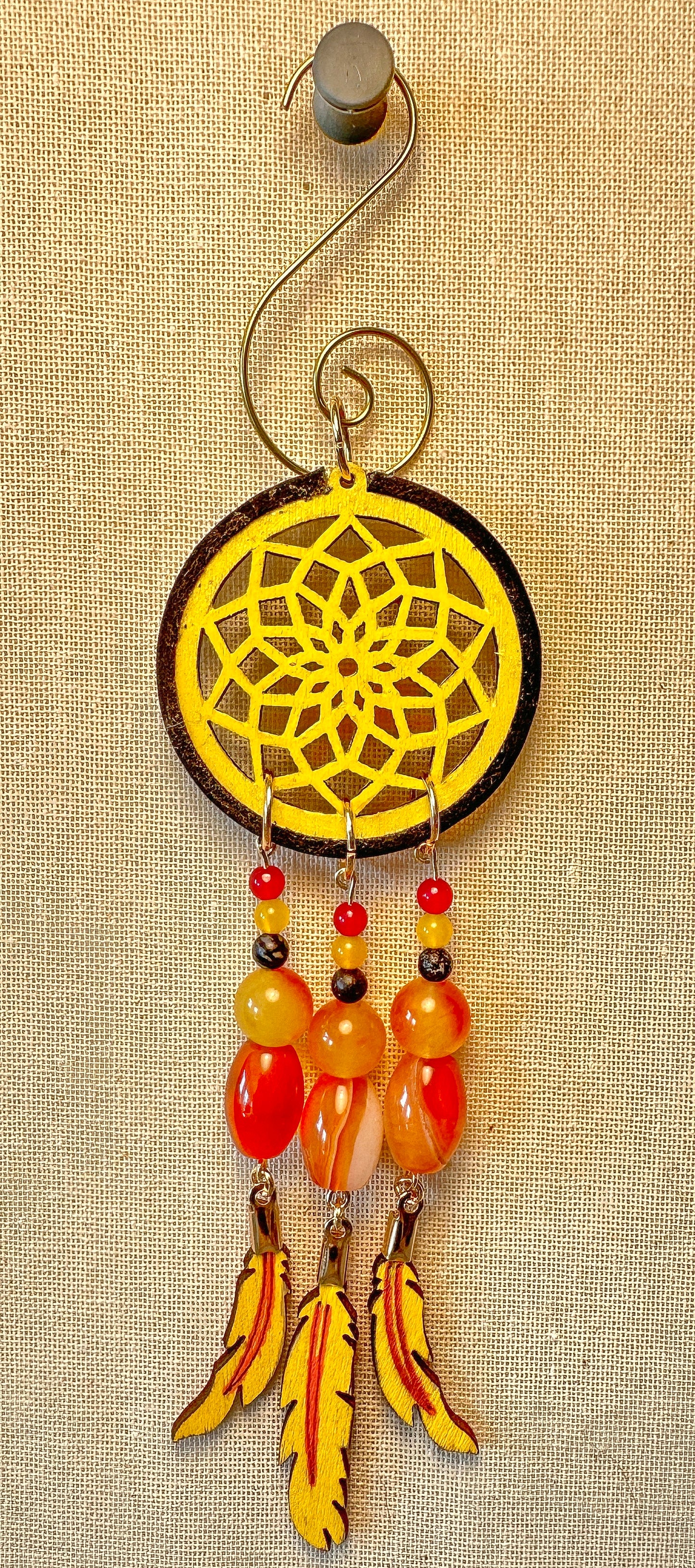 Hand painted Wooden Dreamcatcher w/ 4 Sacred Colours, Deer hide, Black Network Agate, Agates, & Carnelian (S)