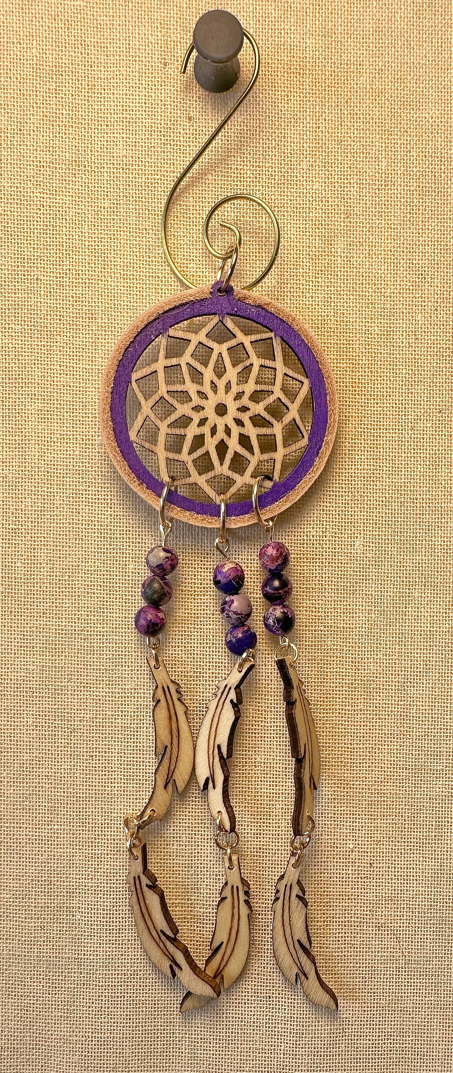 Hand painted Wooden Dreamcatcher w/ Deer hide, & Purple Imperial Jasper (S)