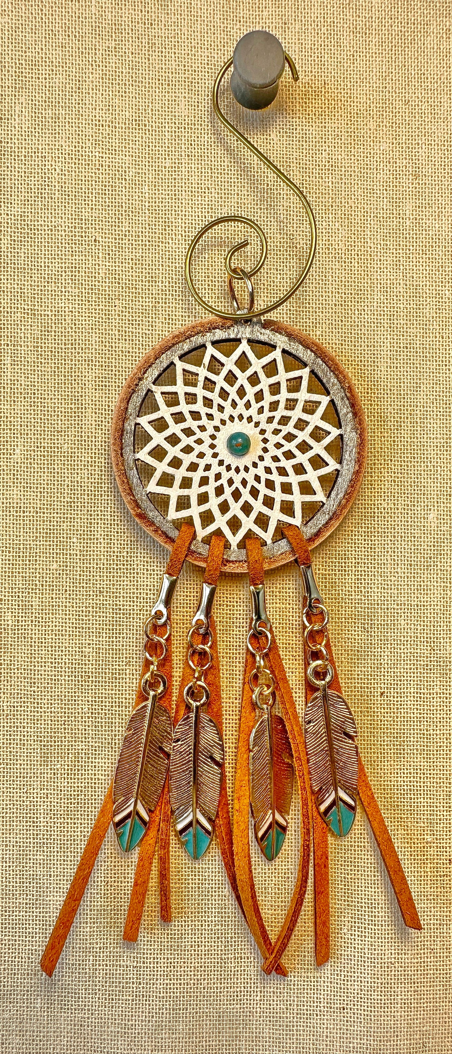 Hand painted Wooden Dreamcatcher w/ Deer hide & Serpentine (S)