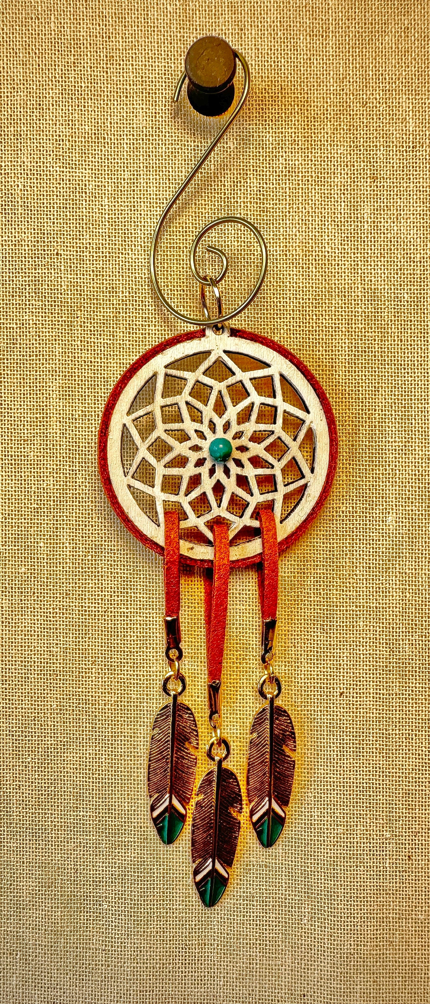 Hand painted Wooden Dreamcatcher w/ Deer hide & Turquoise (S)