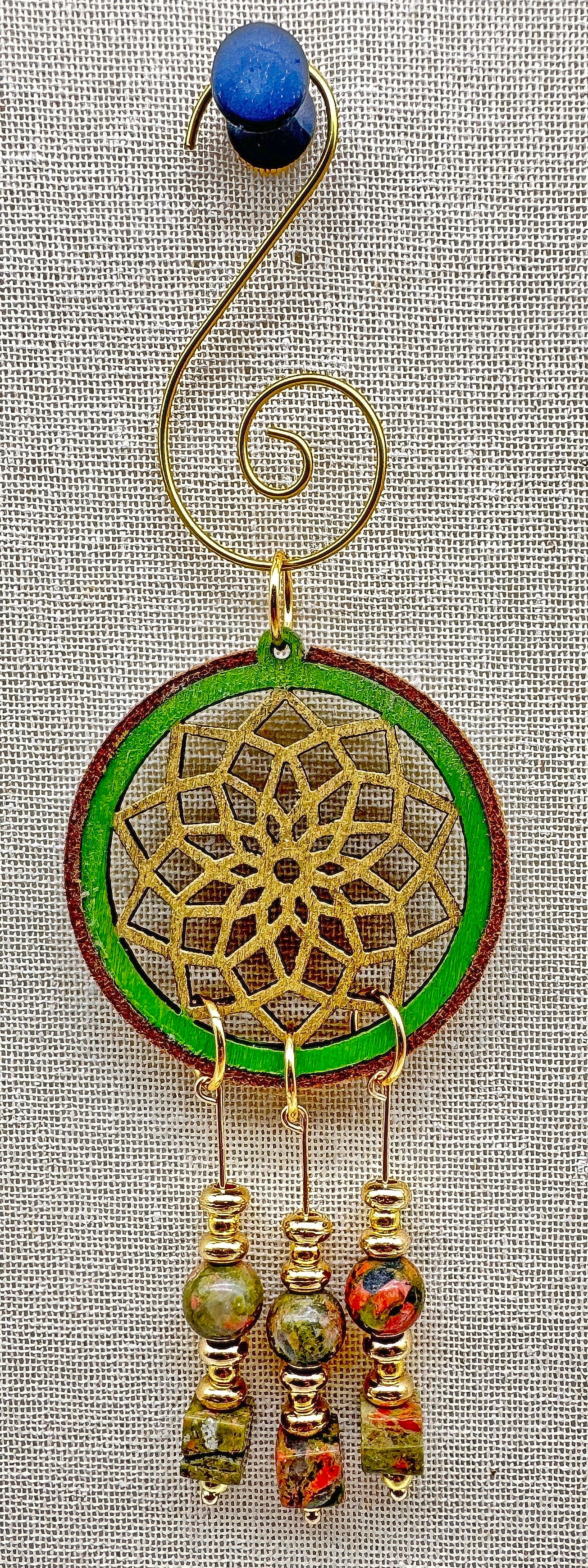 Hand painted Wooden Dreamcatcher w/ Deer hide & Unakite (S)