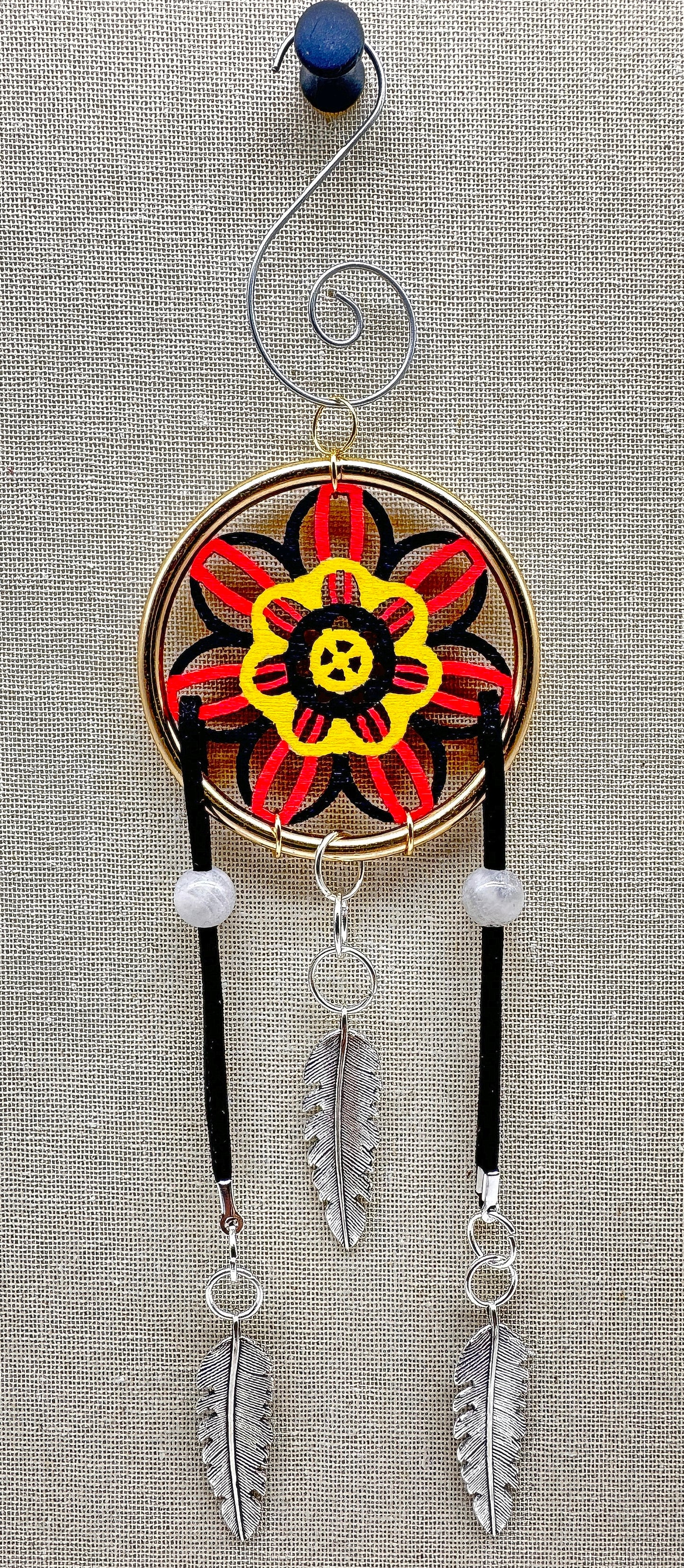 Hand painted Wooden Dreamcatcher w/ Moonstone & 4 Sacred Colours (S)