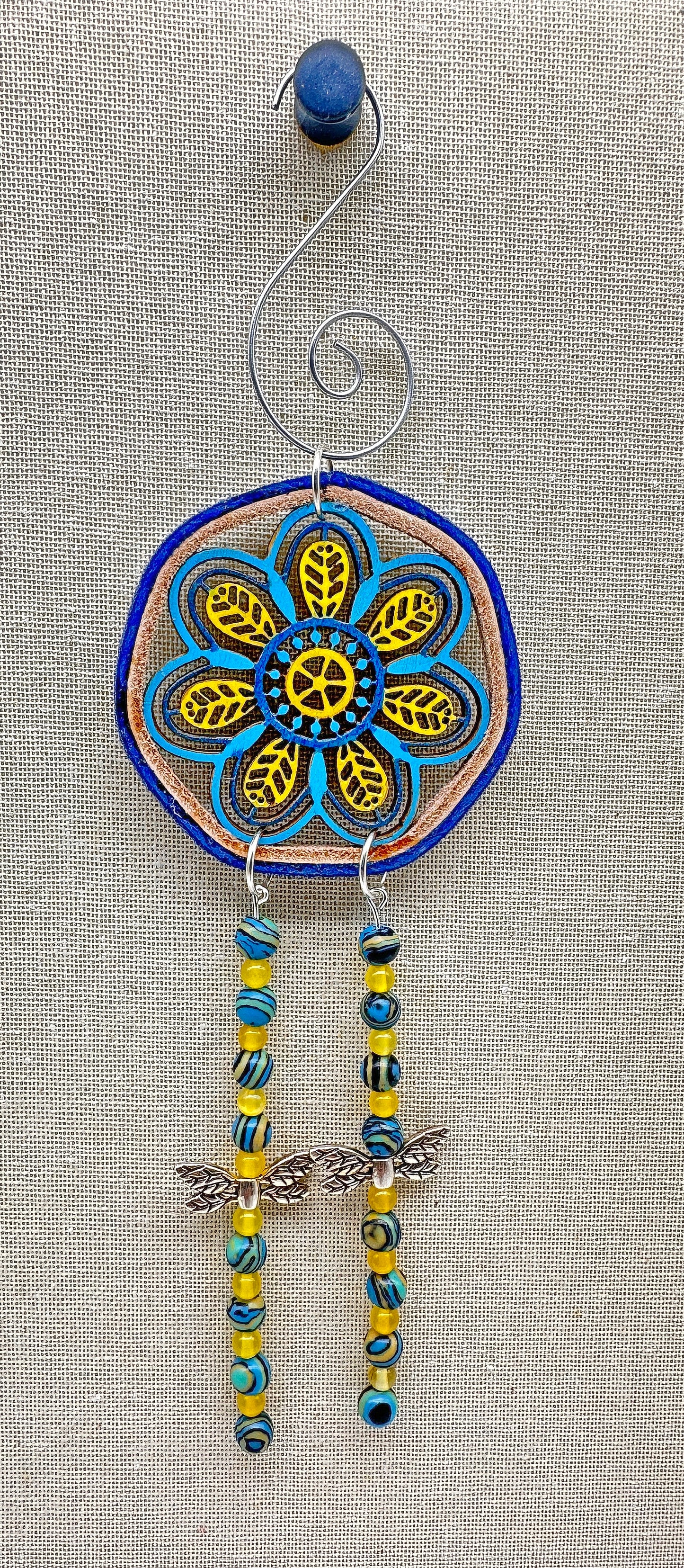 Hand painted Wooden Dreamcatcher w/ Deer hide & Agate - 'Dragonfly' (S)