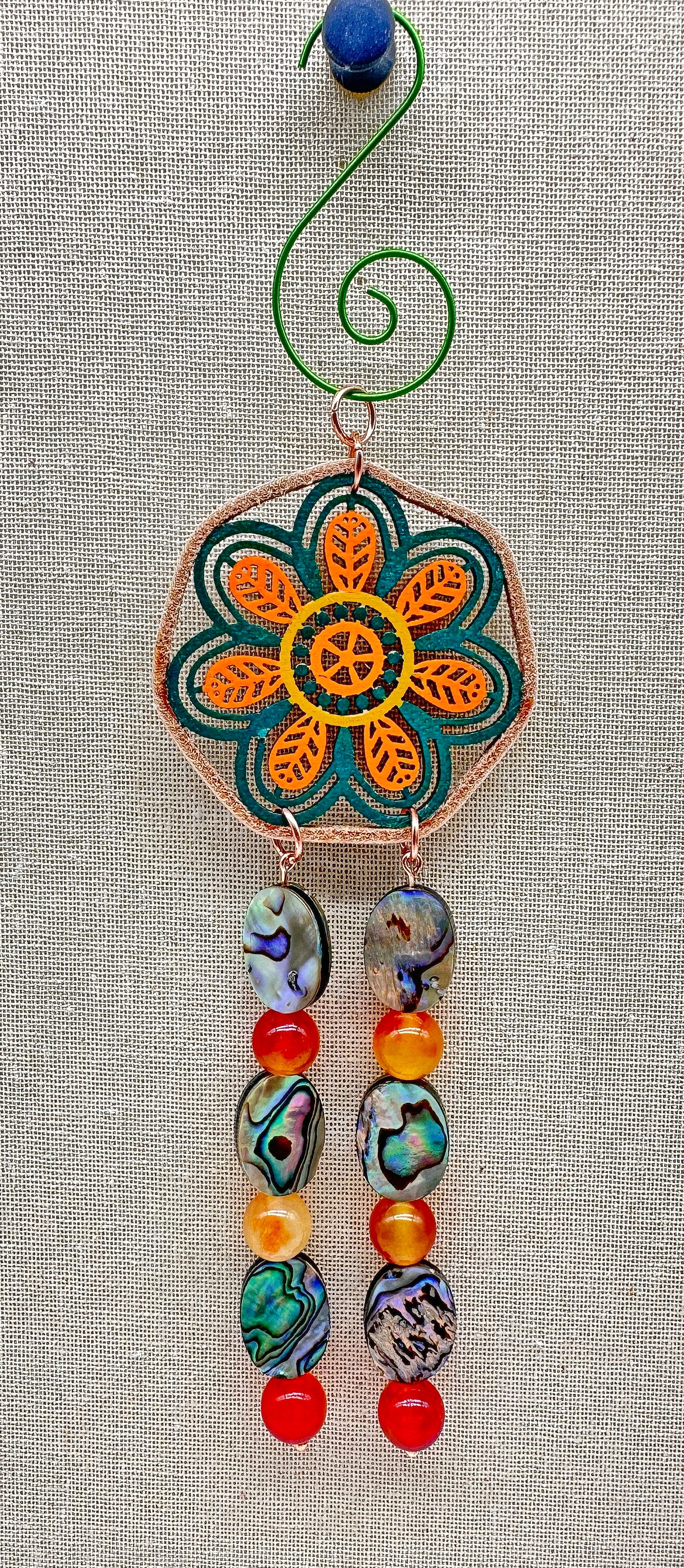 Hand painted Wooden Dreamcatcher w/ Deer hide, Abalone, & Carnelian (S)