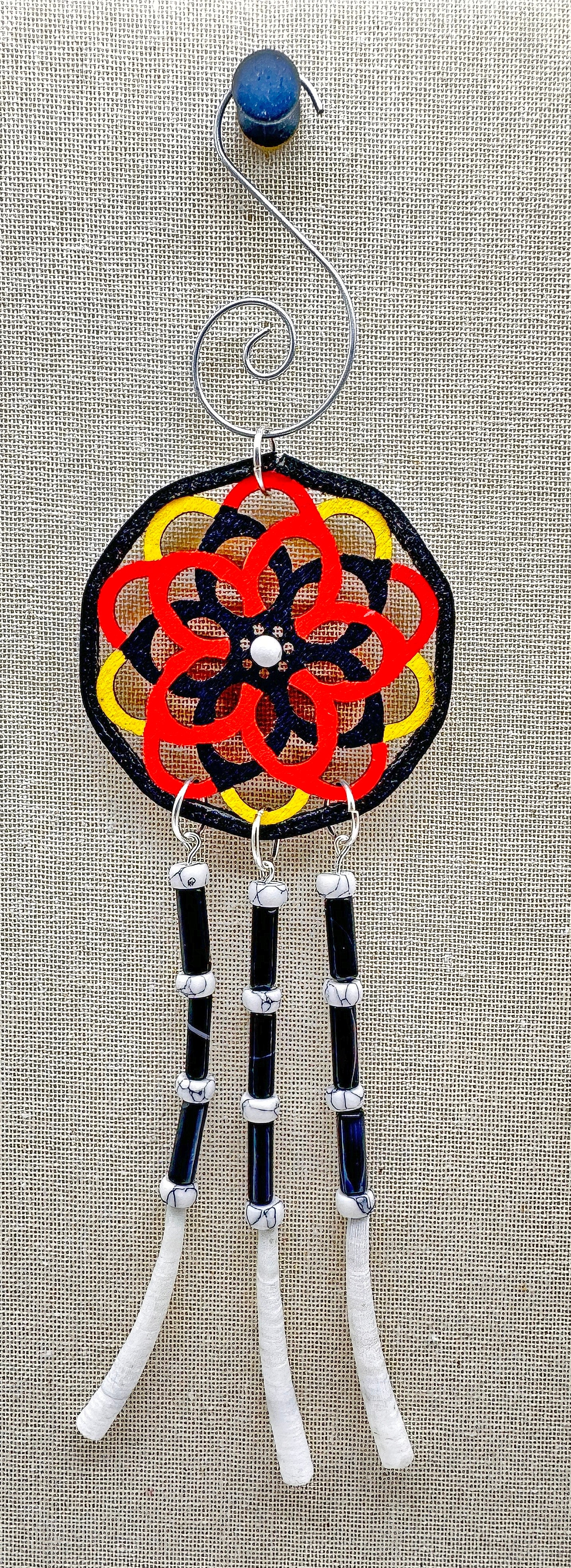 Hand painted Wooden Dreamcatcher w/ Deer hide, 4 Sacred Colours, Howlite, Dentalium Shell, & Tuxedo Agate (S)