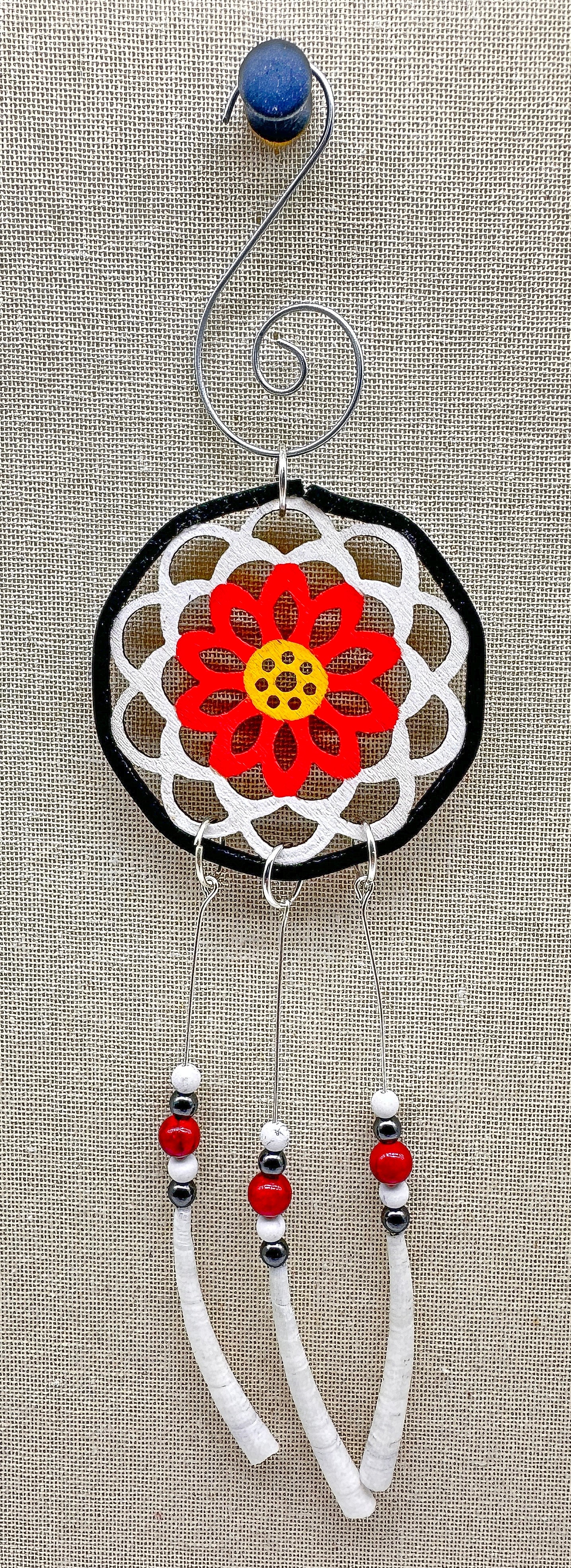 Hand painted Wooden Dreamcatcher w/ Deer hide, 4 Sacred Colours, Howlite, Dentalium Shell, Quartzite, & Hematite (S)