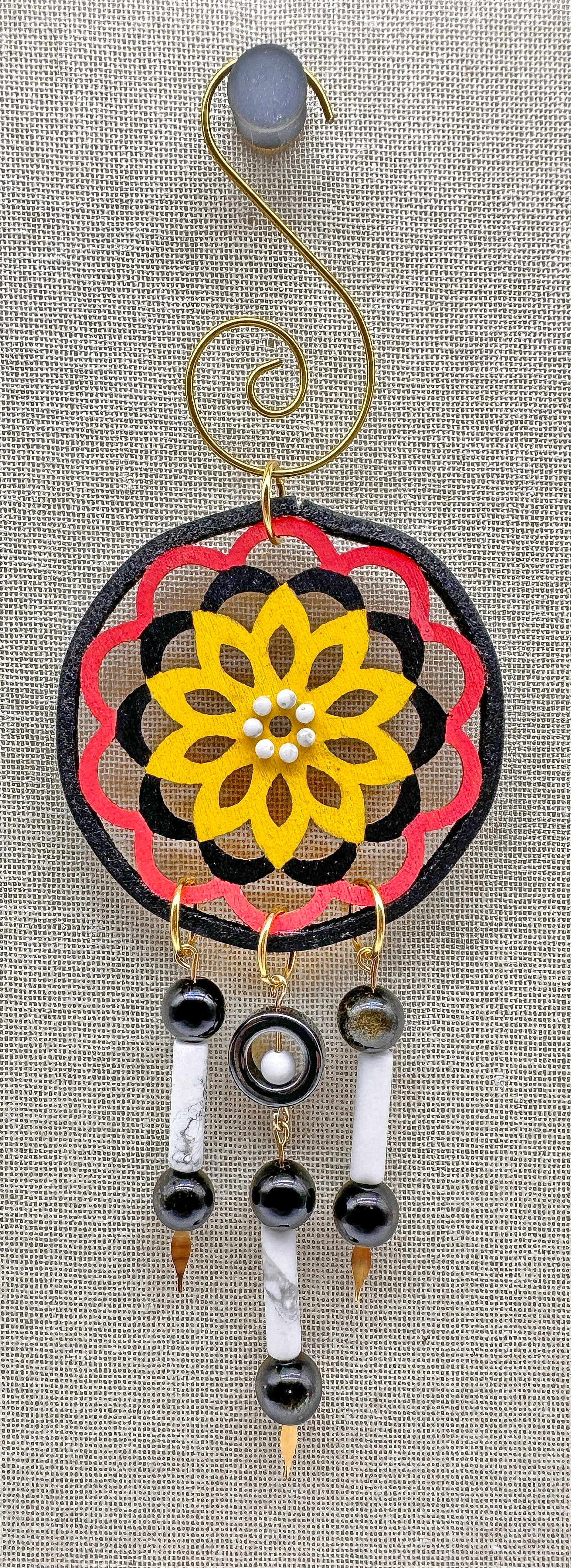 Hand painted Wooden Dreamcatcher w/ Deer hide, 4 Sacred Colours, Howlite, & Obsidian (S)