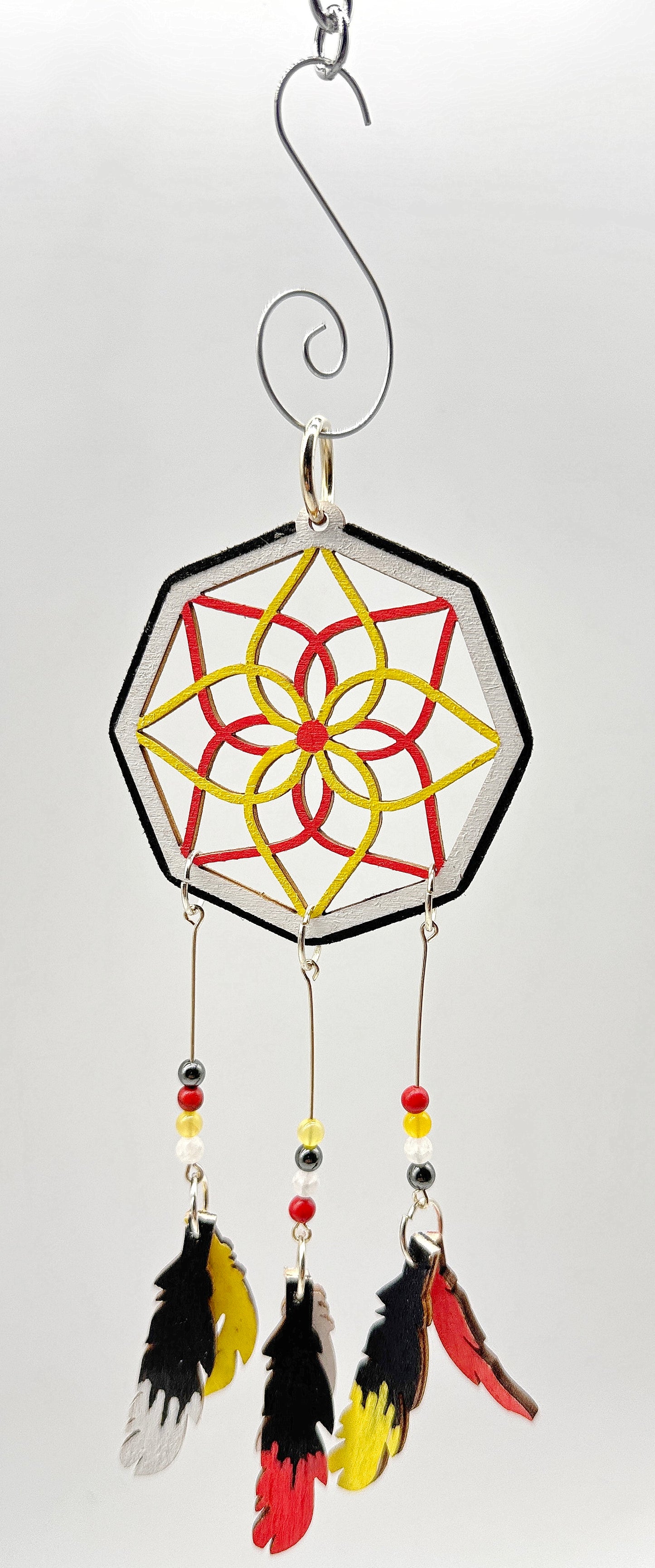 Hand painted Wooden Dreamcatcher w/ Agate, Hematite, & Red Turquoise - 4 Sacred Colours (S)