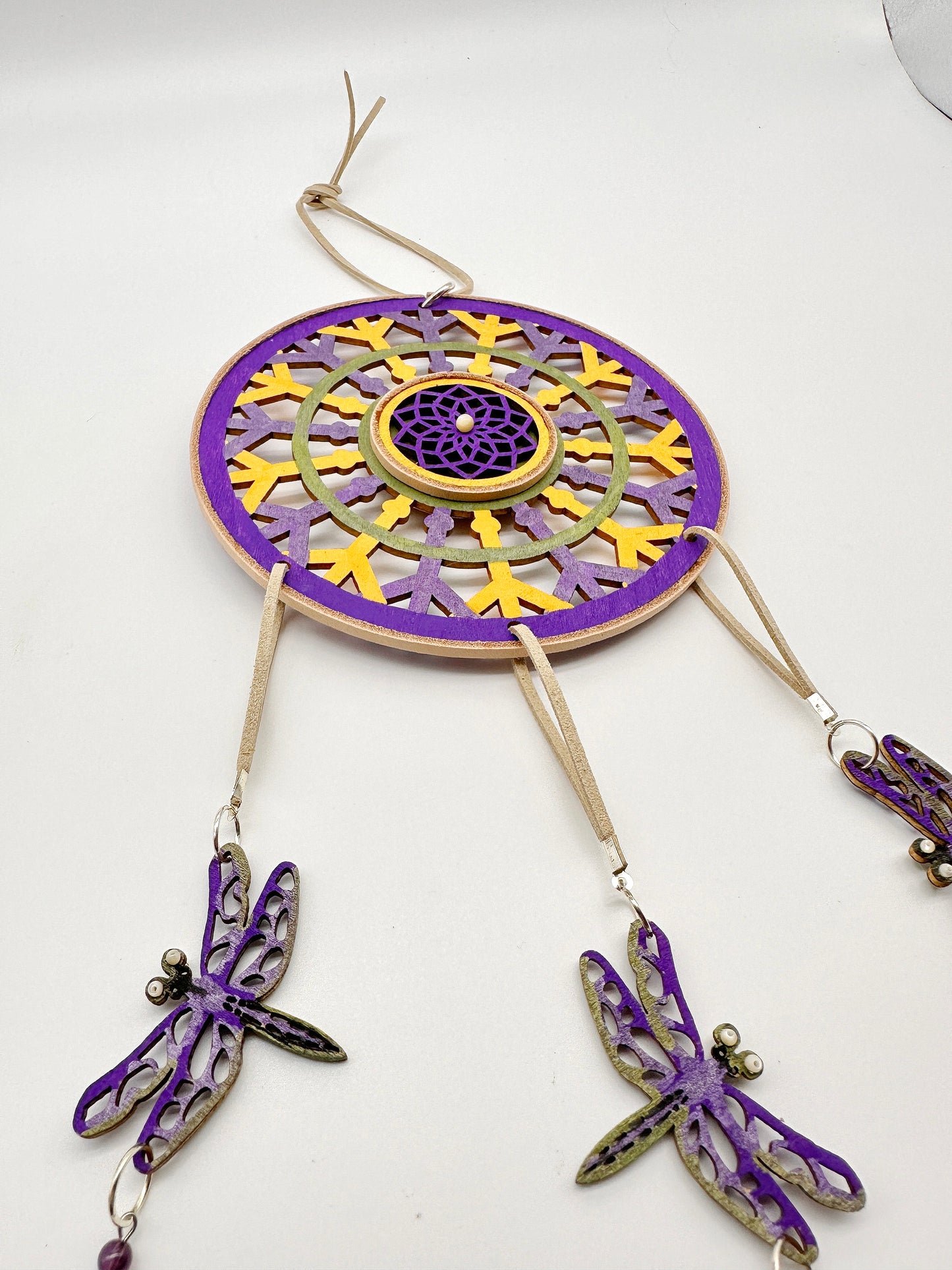 Hand painted Wooden Dreamcatcher w/ Mother-of-Pearl, Amethyst, & Dentalium Shell - 'Dragonfly' (L)