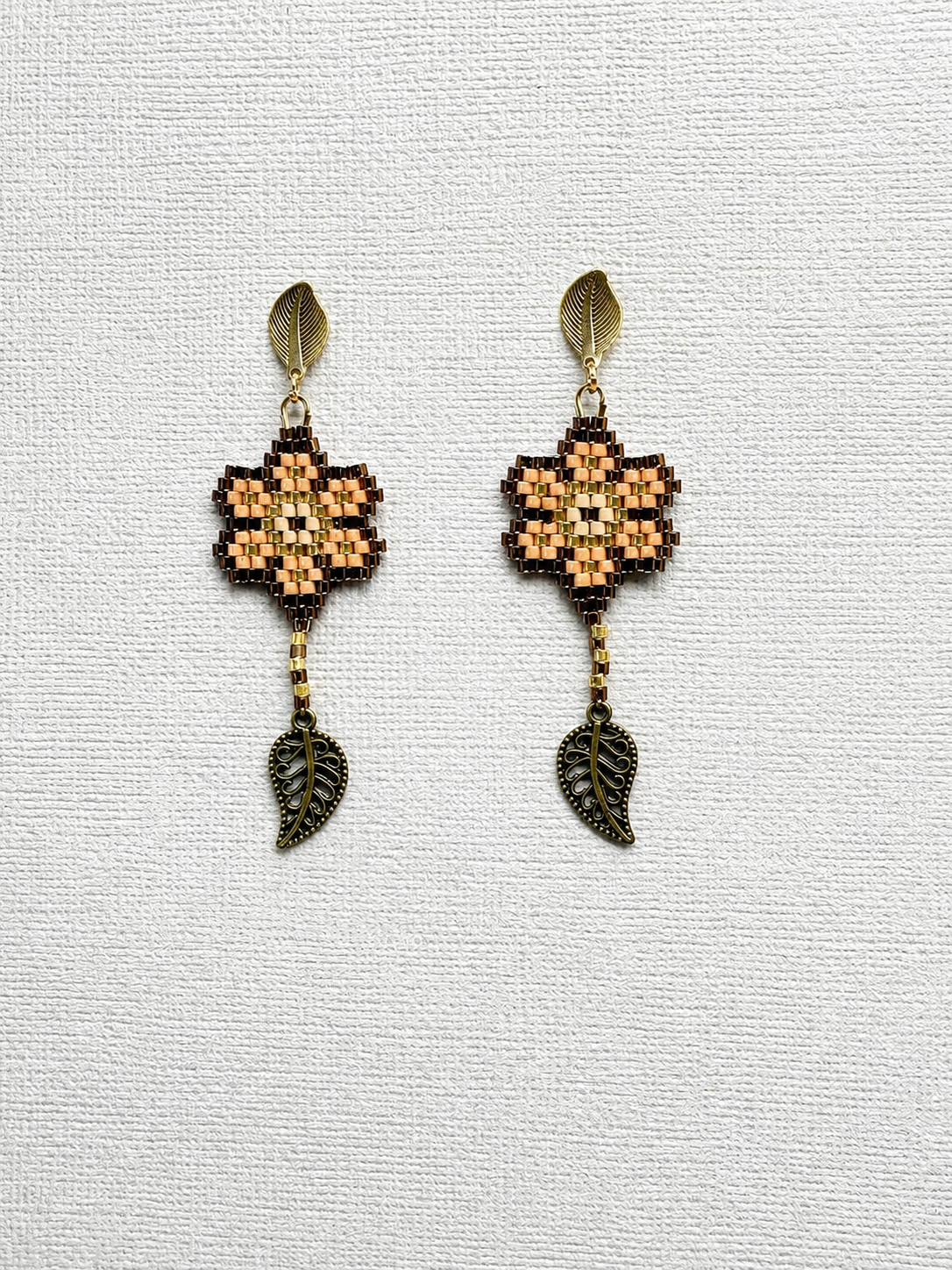 Miyuki Earrings - Flower w/ leaves (browns, gold)