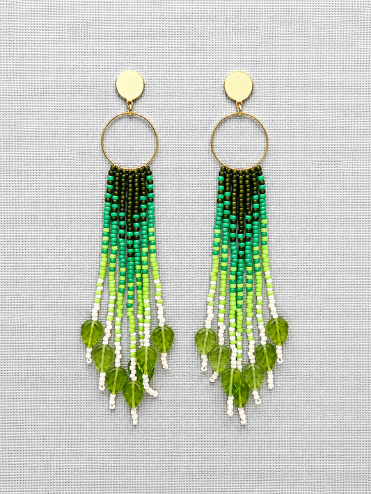 Toho Earrings - Shoulder Sweepers w/ leaves (greens)