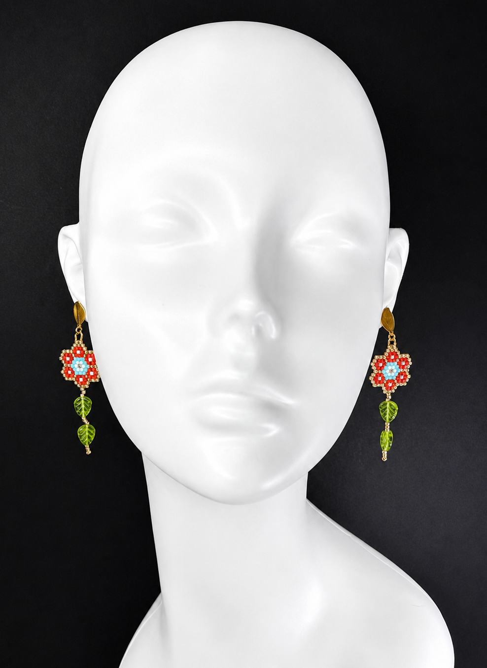 Miyuki Earrings - Flower w/ leaves (peachy red, blue)