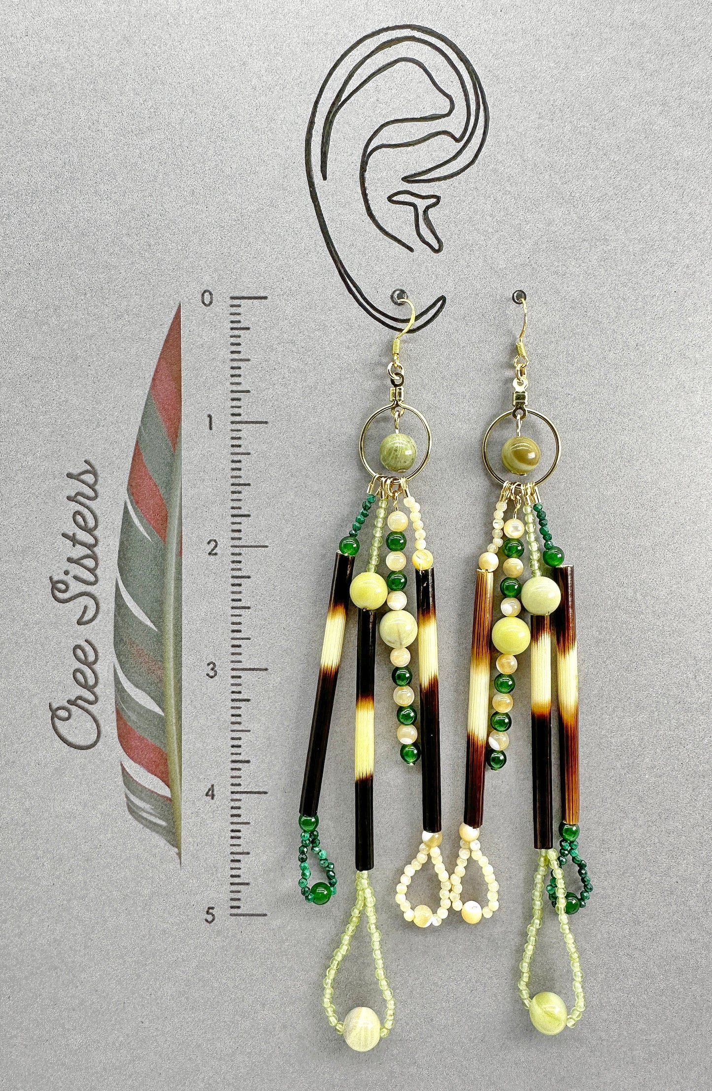 Boucles d'oreilles artisanales indigènes - Perles de jaspe beurre, malachite, jade, nacre naturelle, péridot