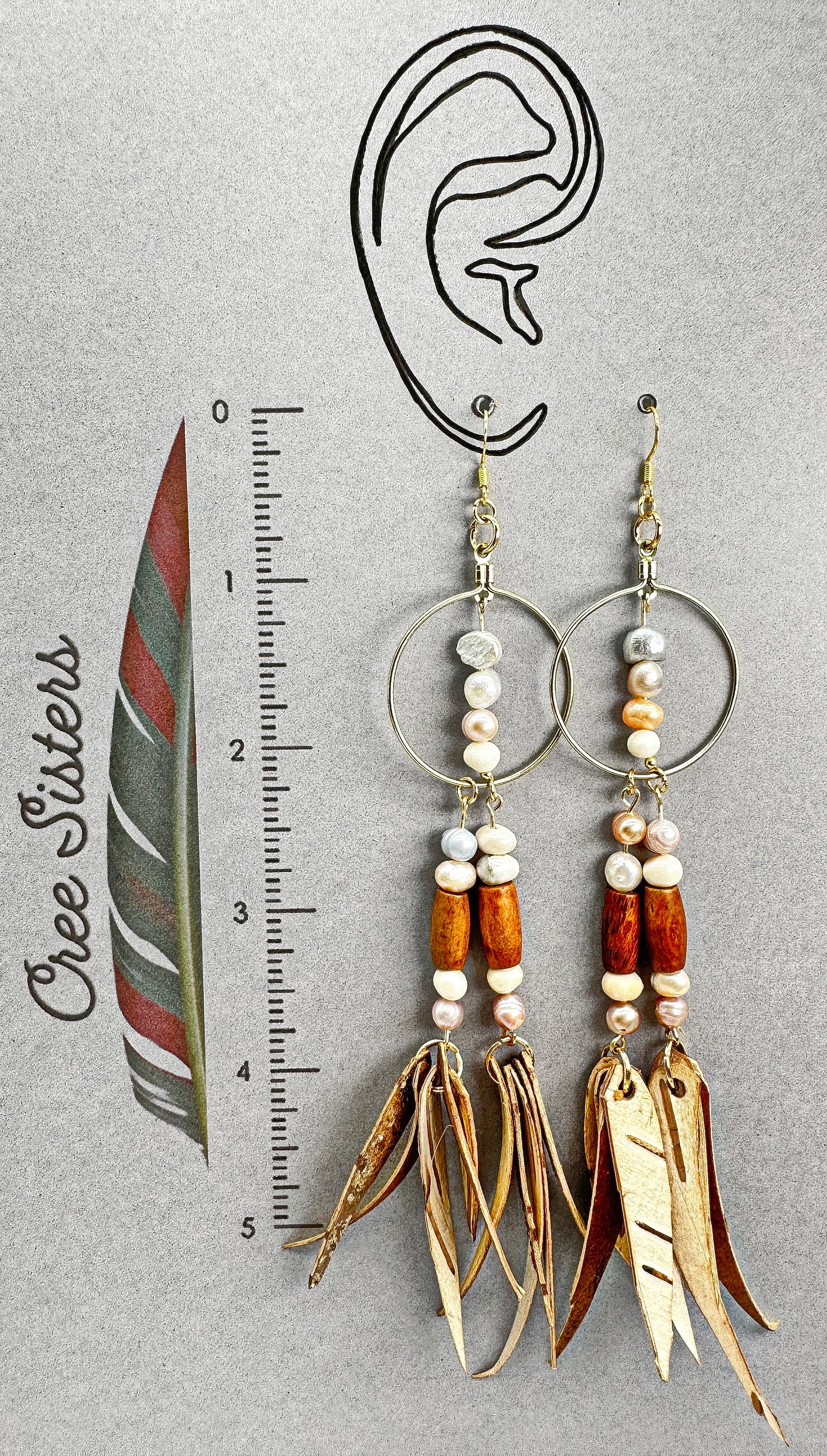 Indigenous Handcrafted Earrings - Birch Bark w/ Freshwater Pearls and Bone Beads