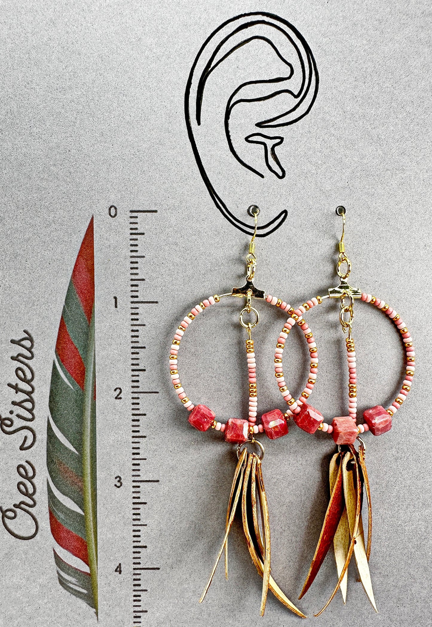 Indigenous Handcrafted Earrings - Birch Bark w/ Petrified Pink Rhodonite