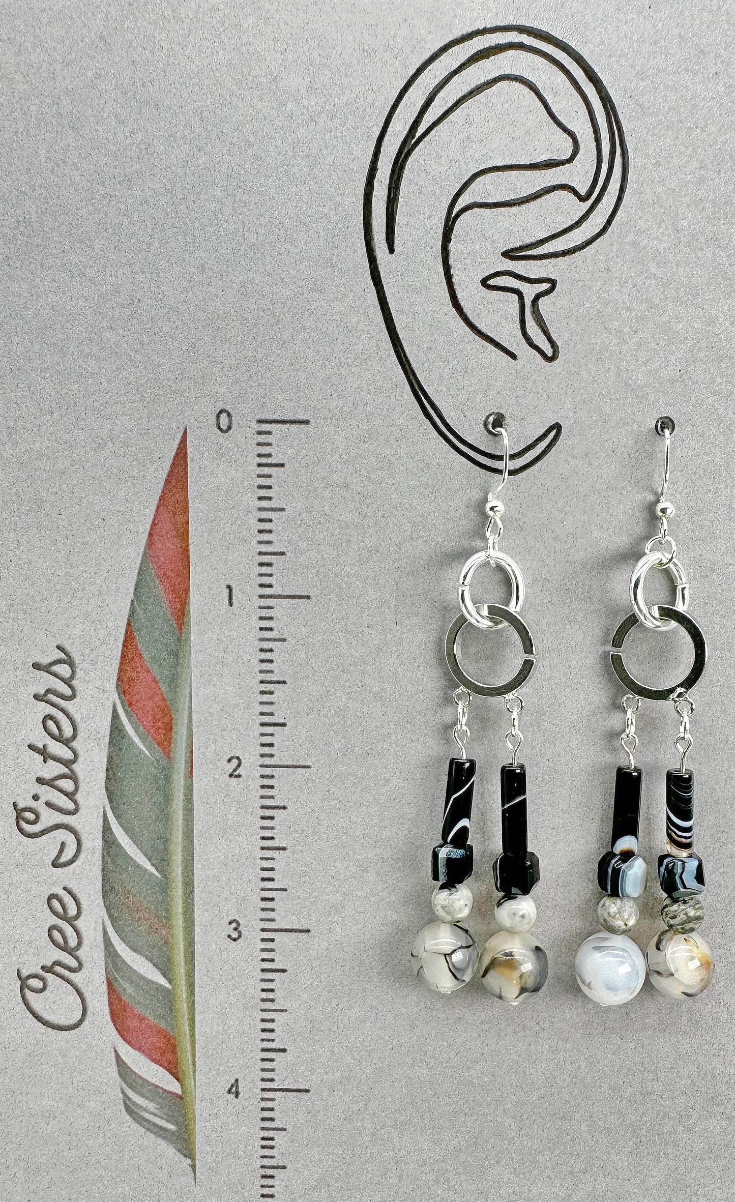 Indigenous Handcrafted Earrings - Beaded w/ Dragon Vein Agate, Sardonyx, & Tuxedo Agate