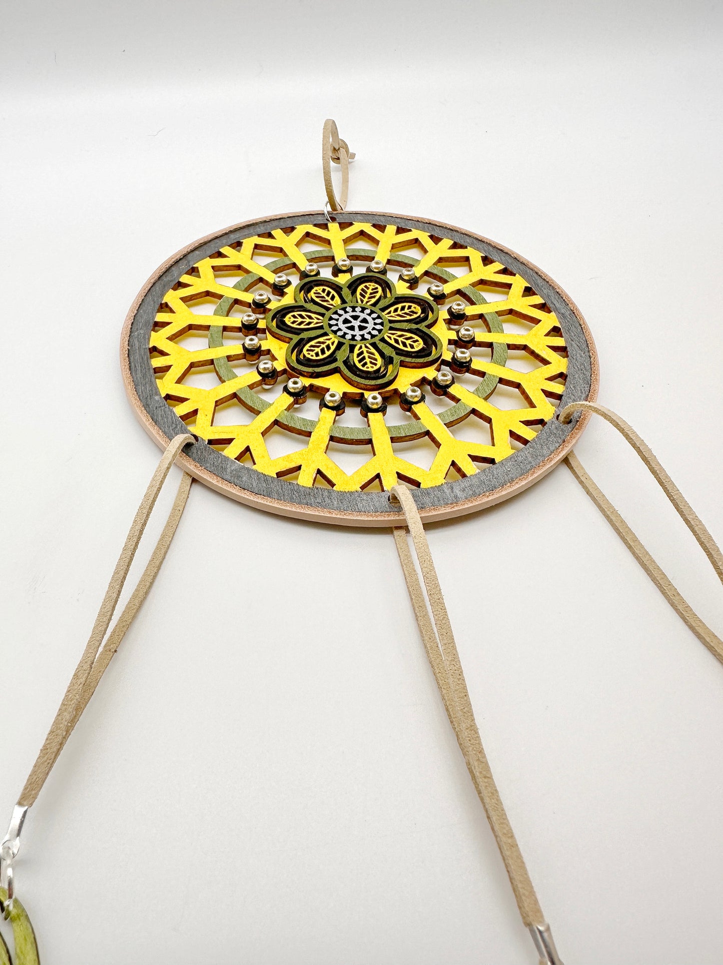 Hand painted Wooden Dreamcatcher w/ Deer Hide Lace - 'Hummingbird' (L)