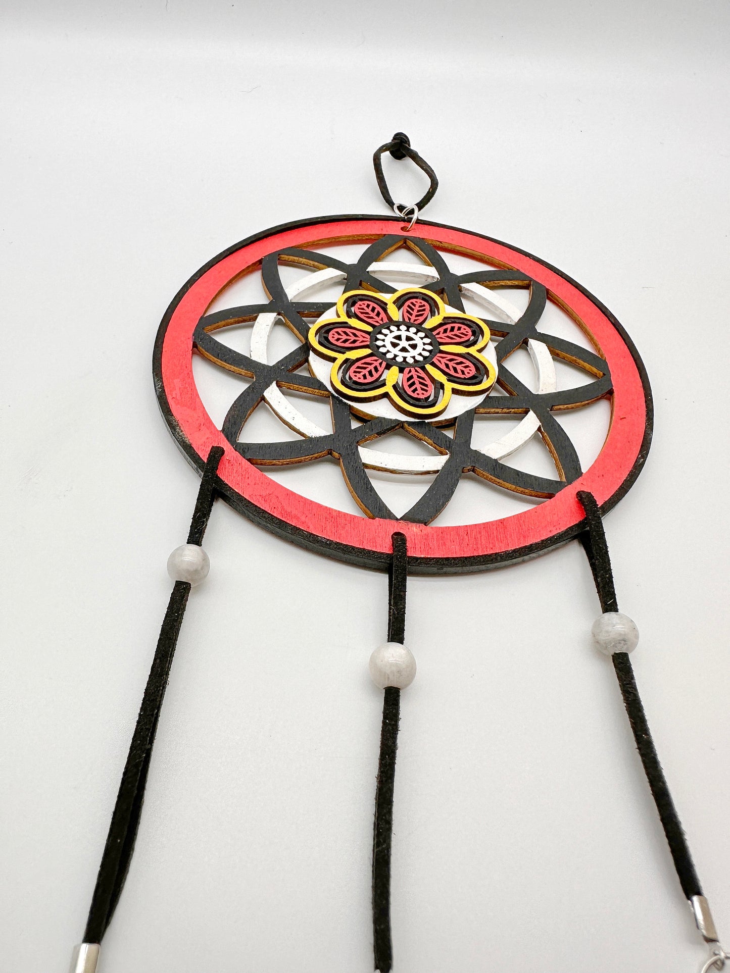 Hand painted Wooden Dreamcatcher w/ Deer Hide Lace & Moonstone, 4 Sacred Colours (L)