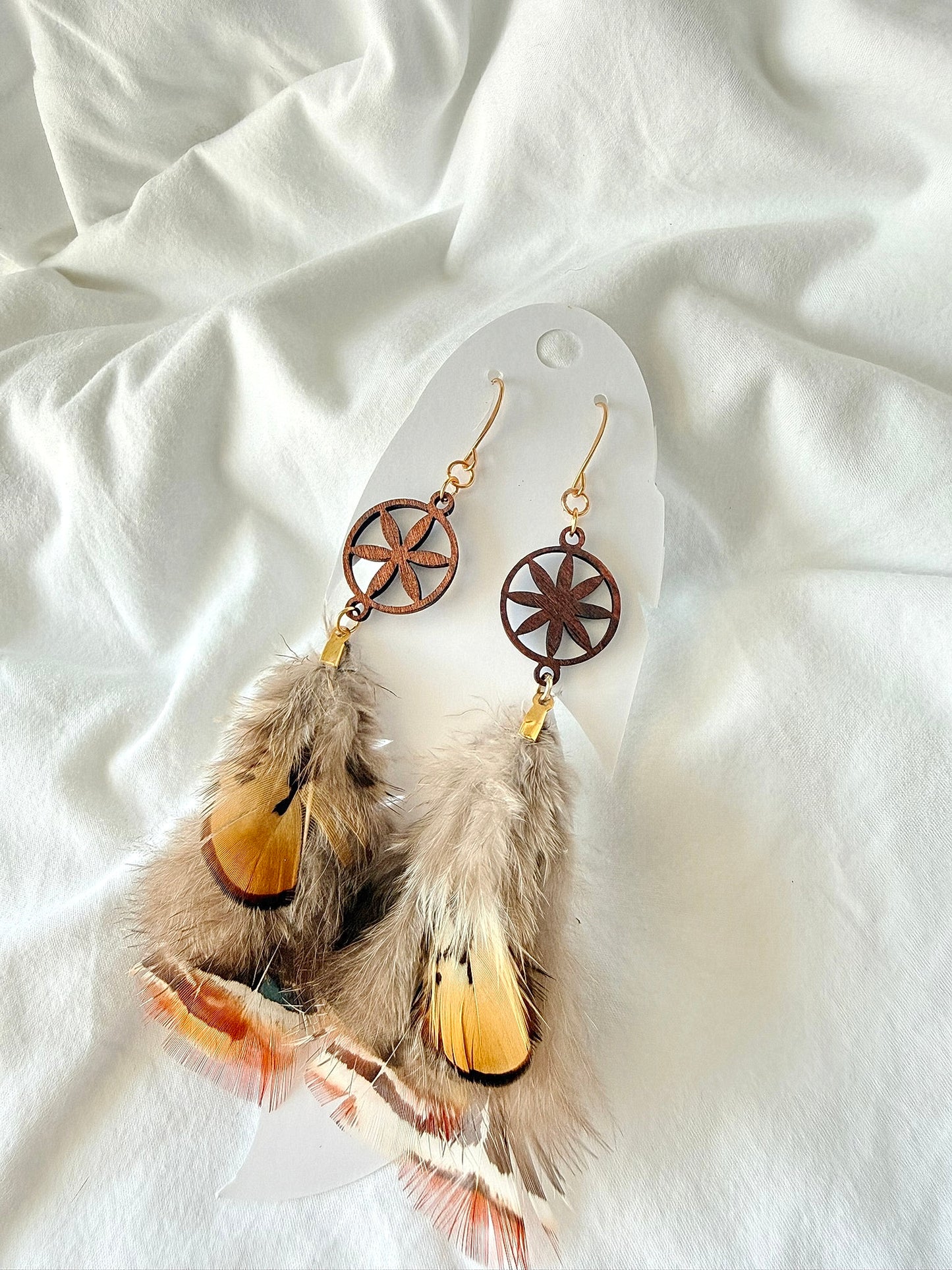 Basswood w/Pheasant Feathers - Indigenous Handmade Earrings