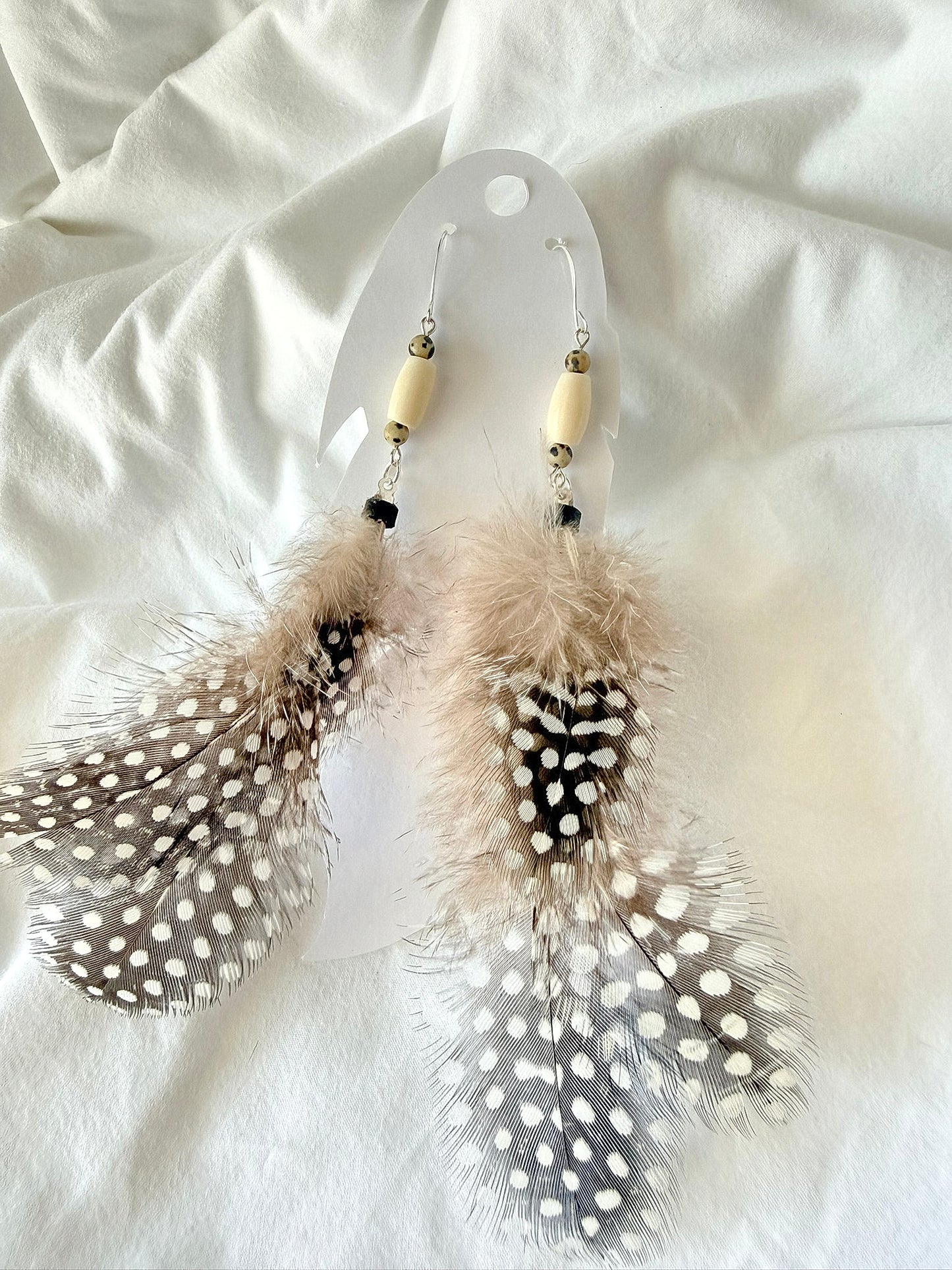 Bone Bead w/Pheasant Feathers - Indigenous Handmade Earrings