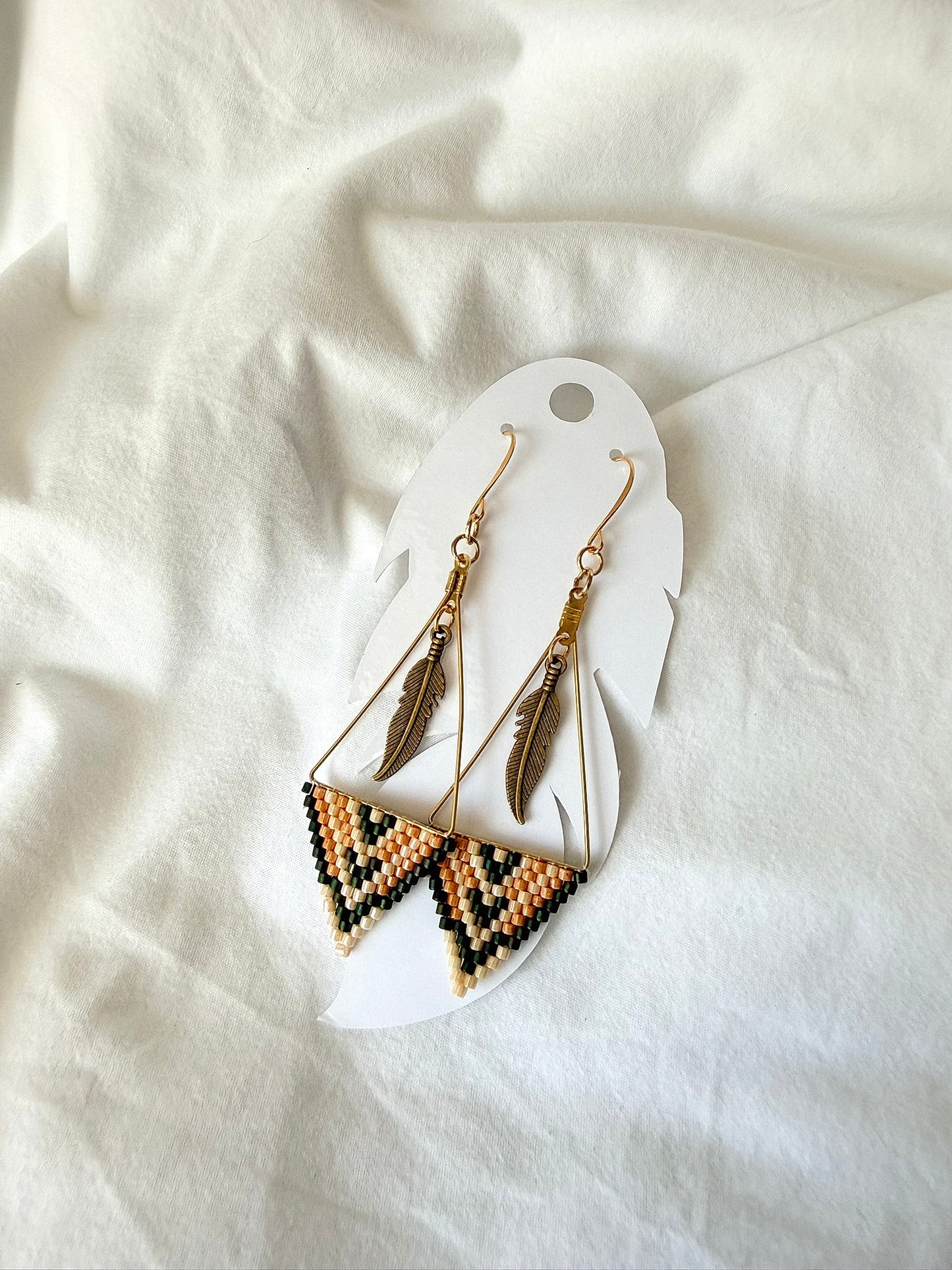 Miyuki Triangle w/feather charm - Indigenous Handmade Earrings