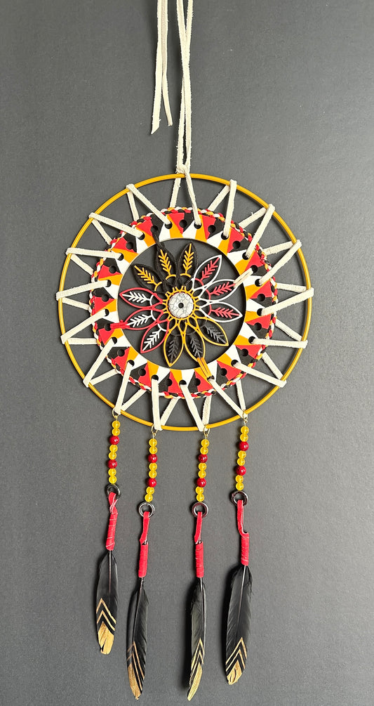 Hand painted Wooden Dreamcatcher w/ Quartzite, Raven Feather, Agate (XL)