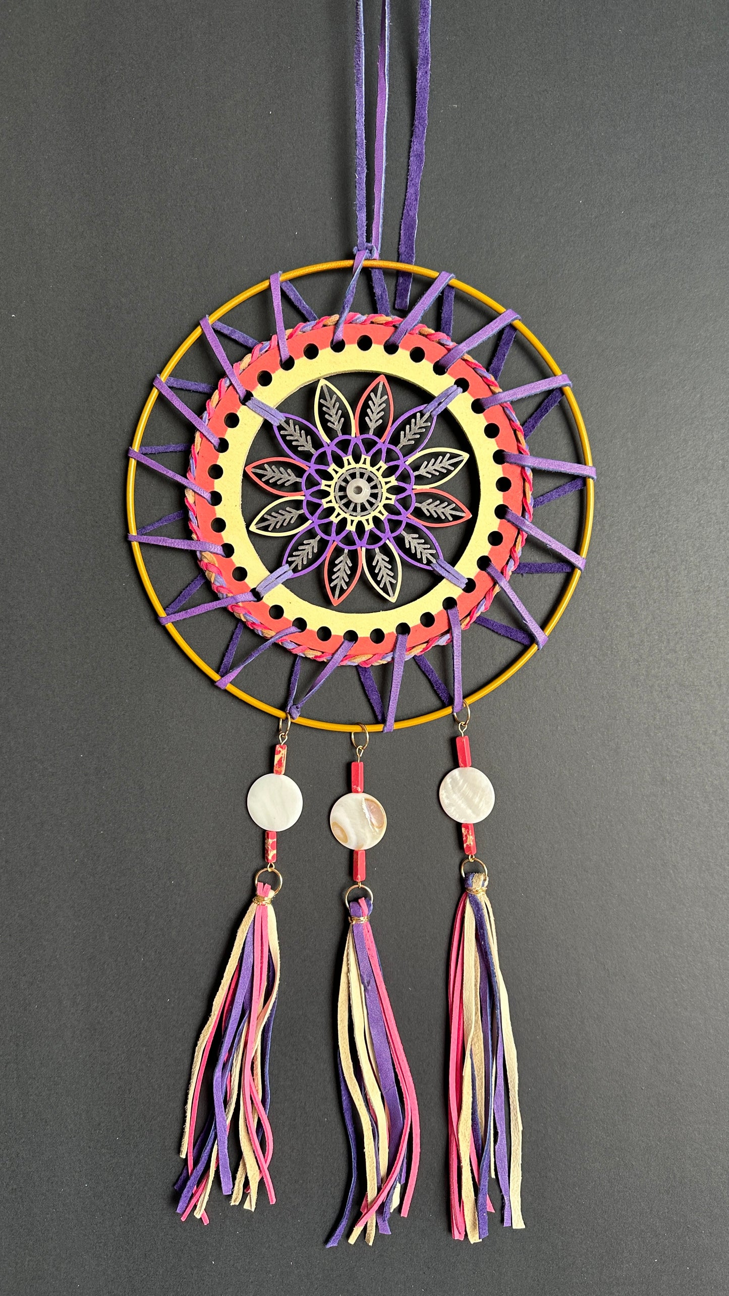 Hand painted Wooden Dreamcatcher w/ Quartz, Mother-of-Pearl, Ostrich Feather, Imperial Jasper (XL)