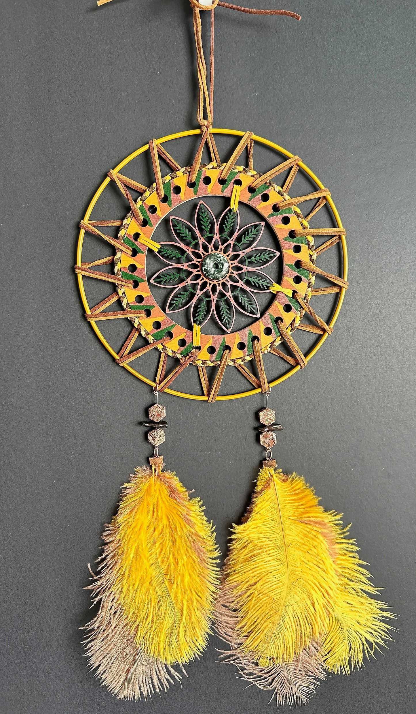 Hand painted Wooden Dreamcatcher w/ Leopard skin Jasper, Mother-of-Pearl, Moss Agate, Ostrich Feather (XL)