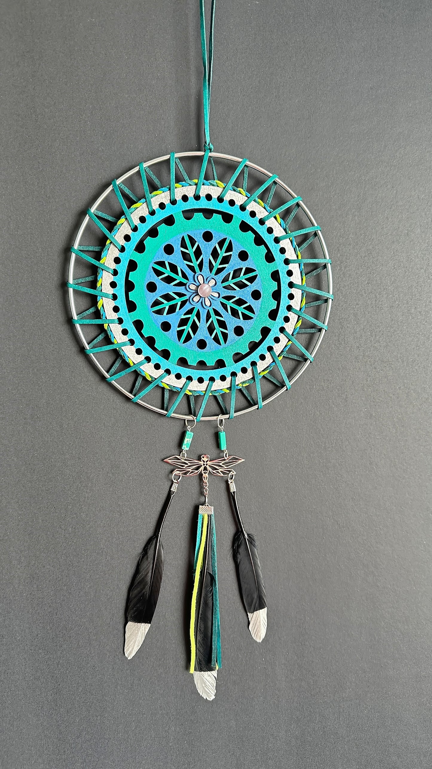 Hand painted Wooden Dreamcatcher w/ Imperial Jasper, Abalone, Raven Feather - 'Dragonfly' (XL)