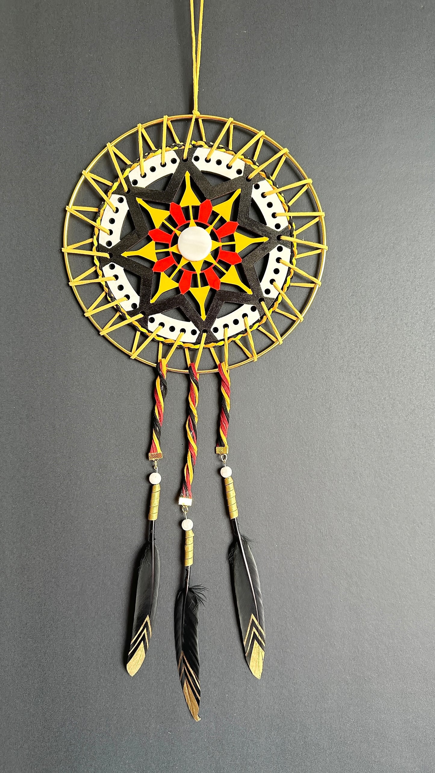 Hand painted Wooden Dreamcatcher w/ Moonstone, Mother-of-Pearl, Raven Feather, 4 Sacred Colours (XL)