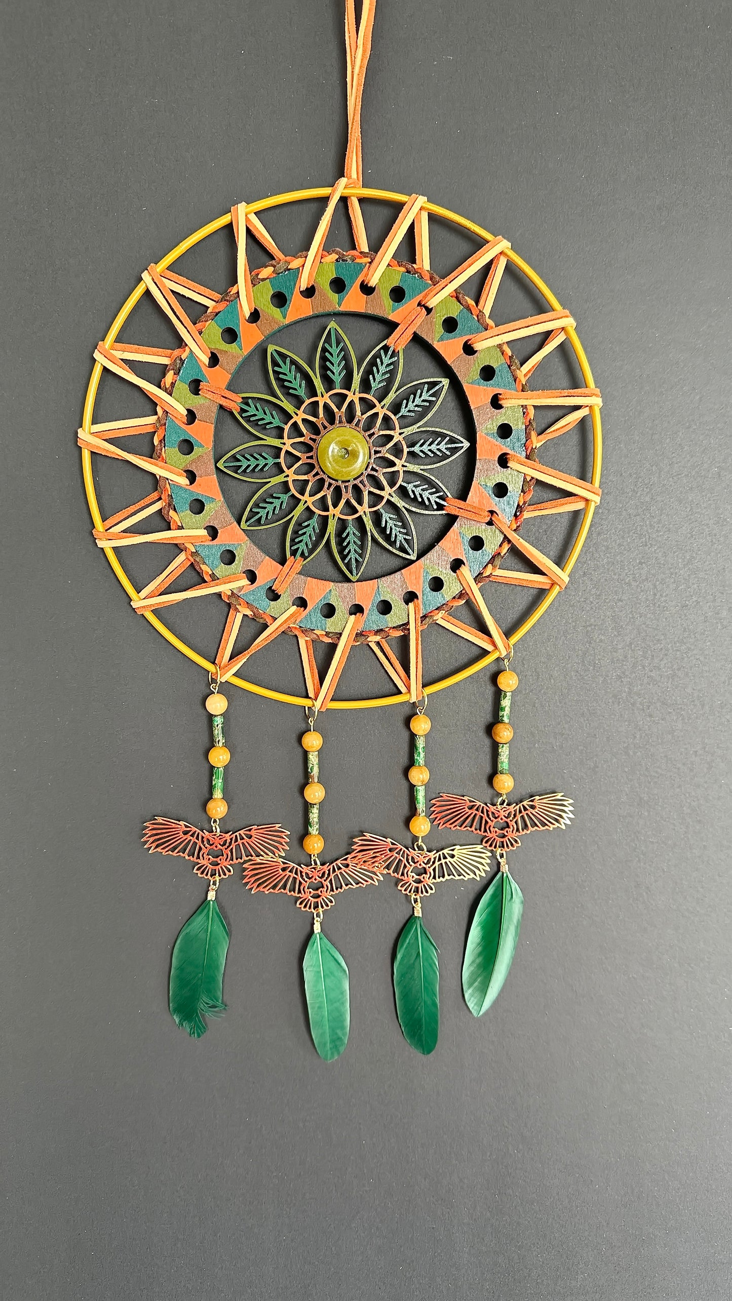 Hand painted Wooden Dreamcatcher w/ Serpentine, Imperial Jasper, Citrine, Duck Feather - 'Owl' (XL)