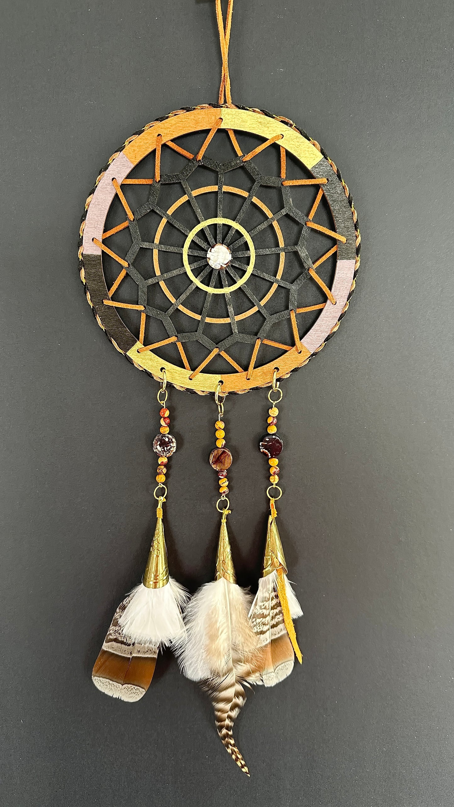 Hand painted Wooden Dreamcatcher w/ Crackle Agate, Mookaite, Pheasant Feather, Jingle Cones (XL)