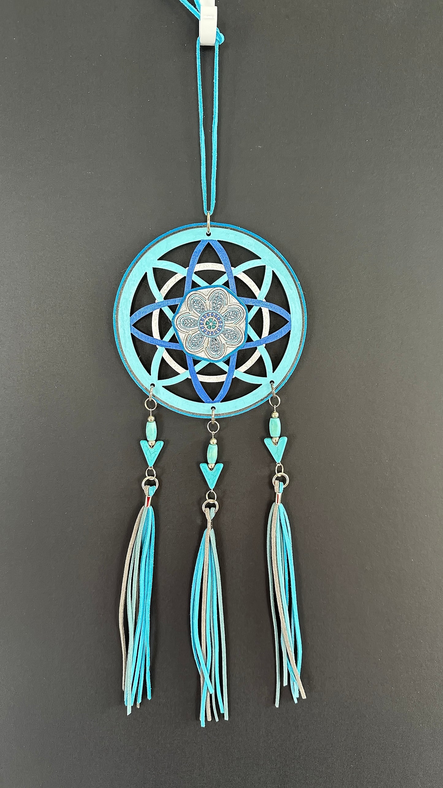 Hand painted Wooden Dreamcatcher w/Apatite, Turquoise, Bone Bead (L)
