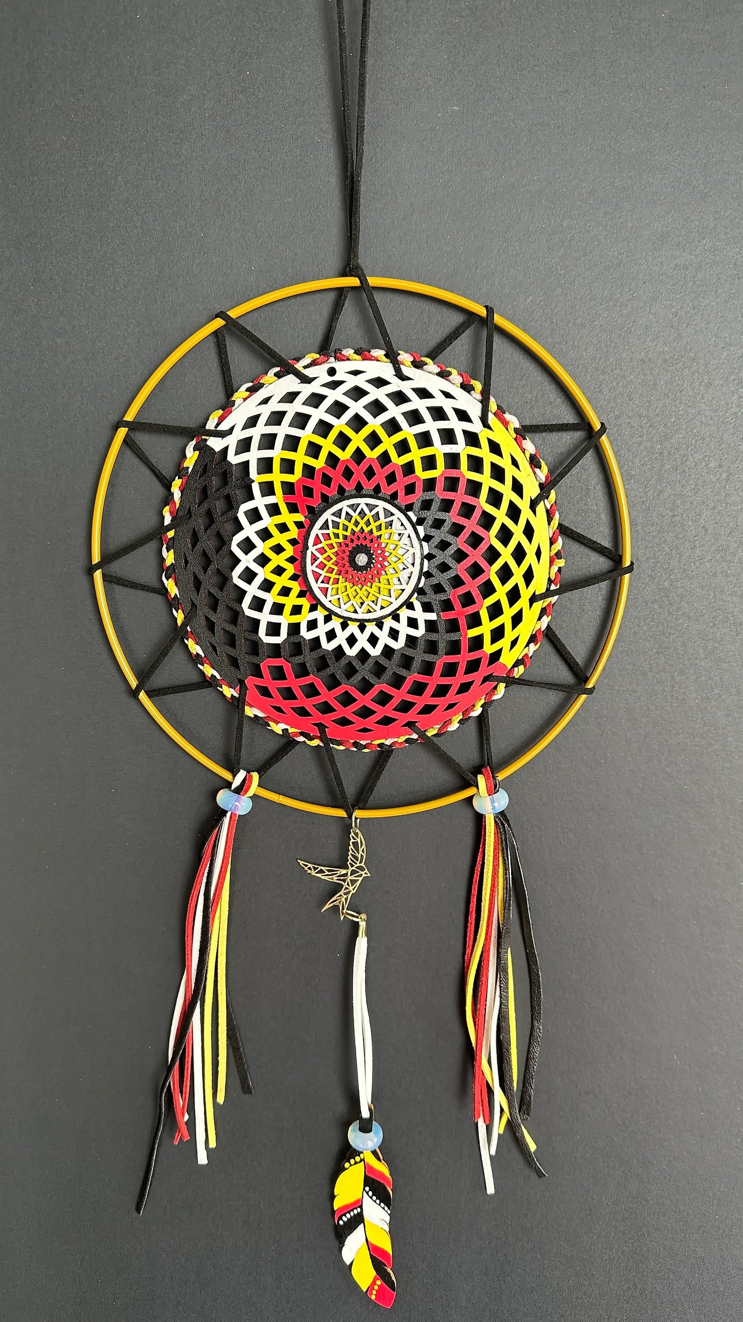 Hand painted Wooden Dreamcatcher w/ Crackle Agate, Opalite, 4 Sacred Colours - 'Hawk' (XL)