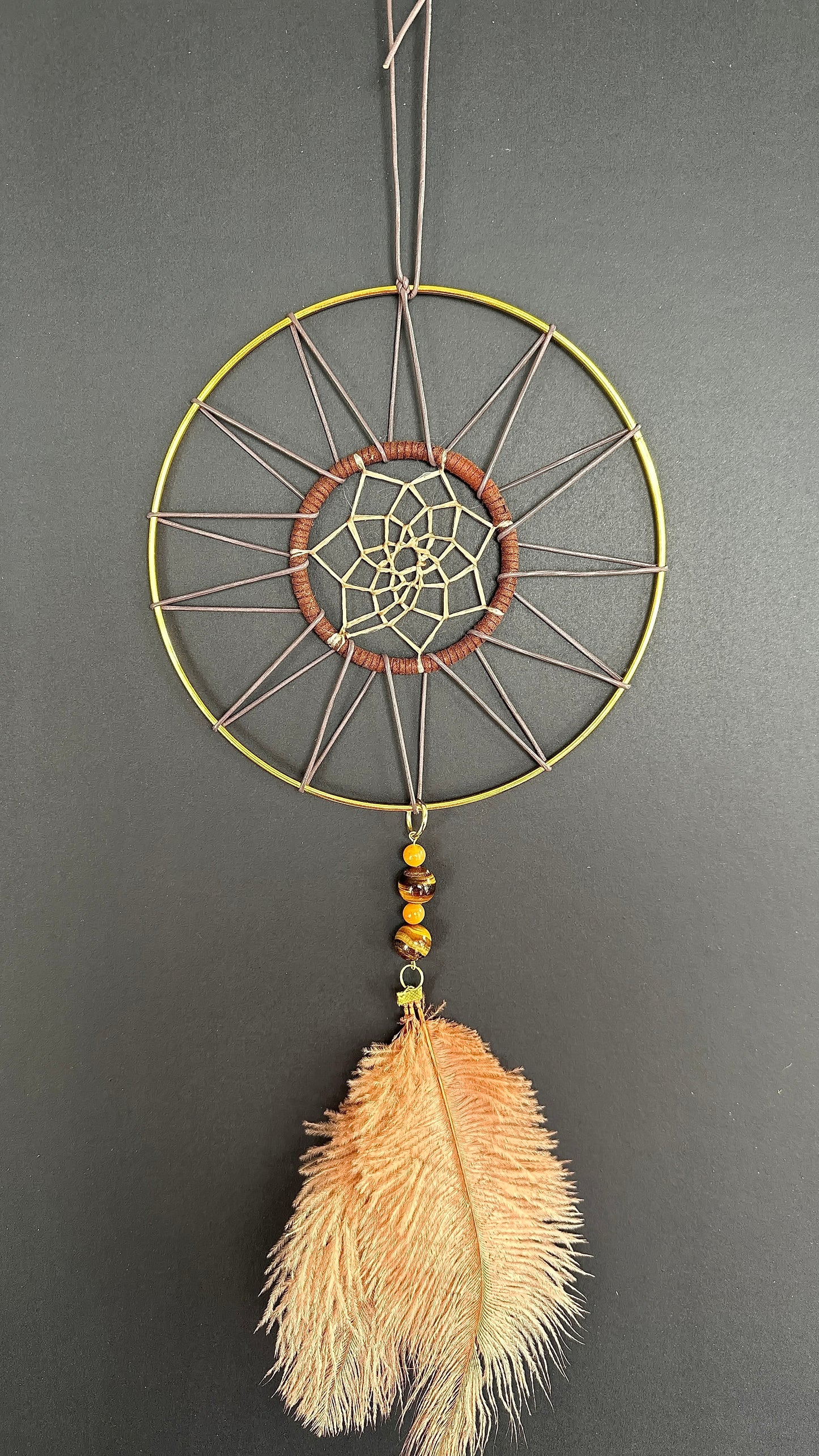 Hand Crafted Dreamcatcher w/ Tiger's Eye, Citrine, Ostrich Feather (L)