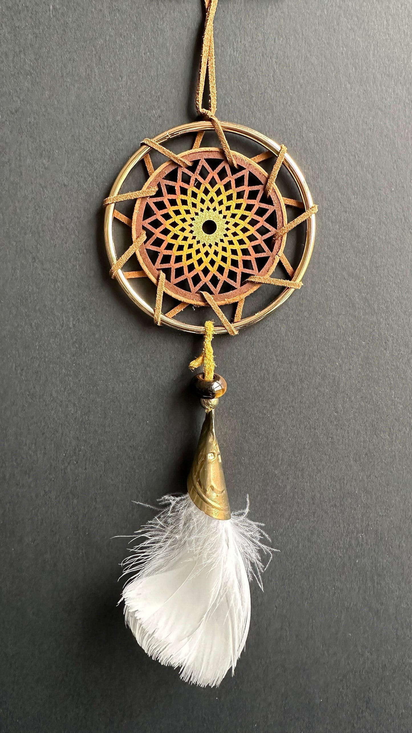 Attrape-rêves en bois peint à la main avec œil de tigre, cône de grelot, plume d'oie (M)