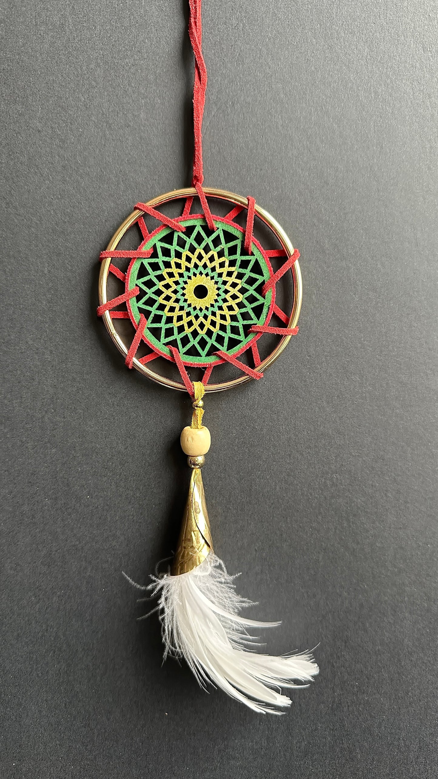 Hand painted Wooden Dreamcatcher w/ Jingle Cone, Goose Feather (M)