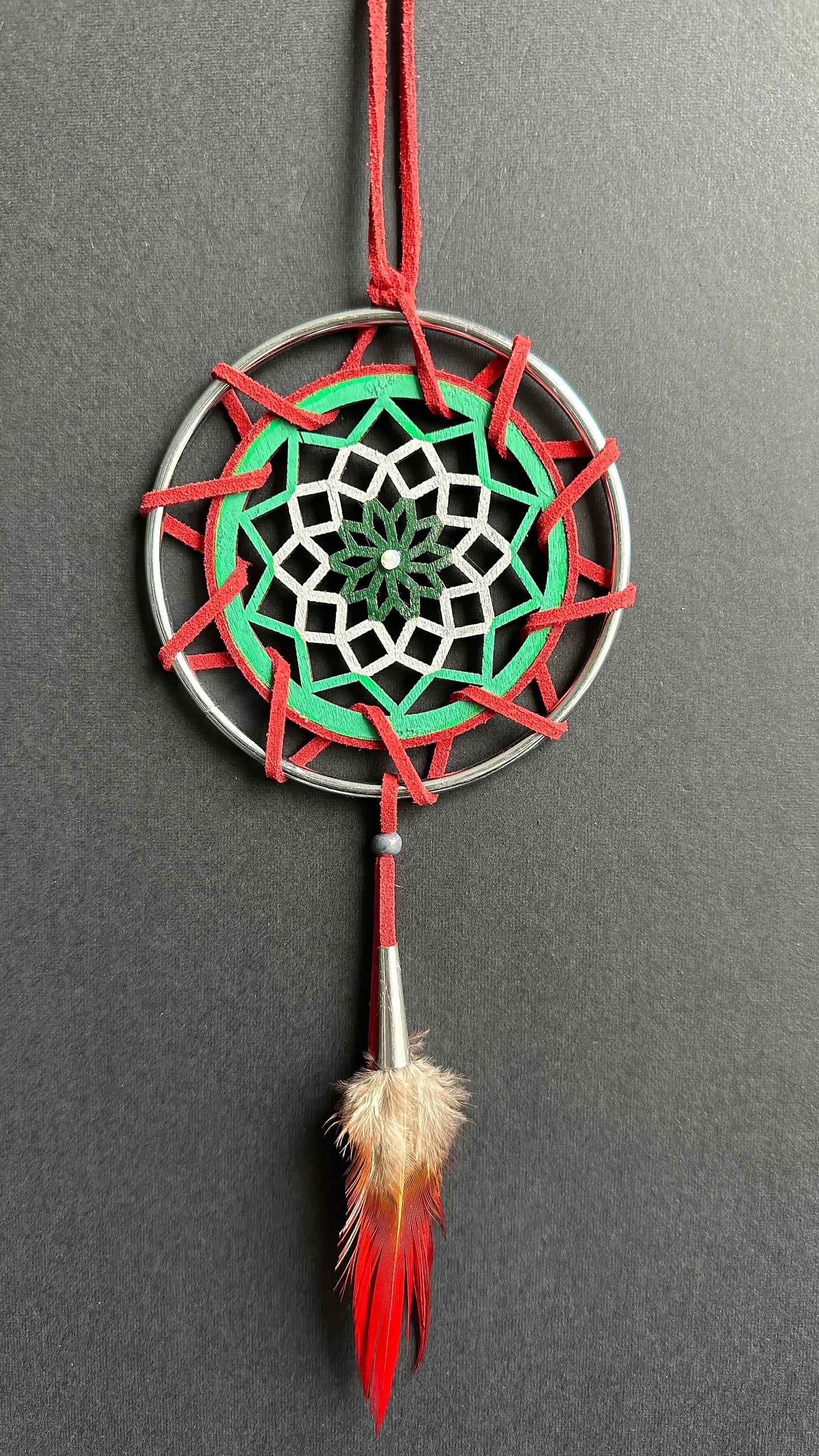 Hand painted Wooden Dreamcatcher w/ Mother-of-Pearl, Pheasant Feather (M)