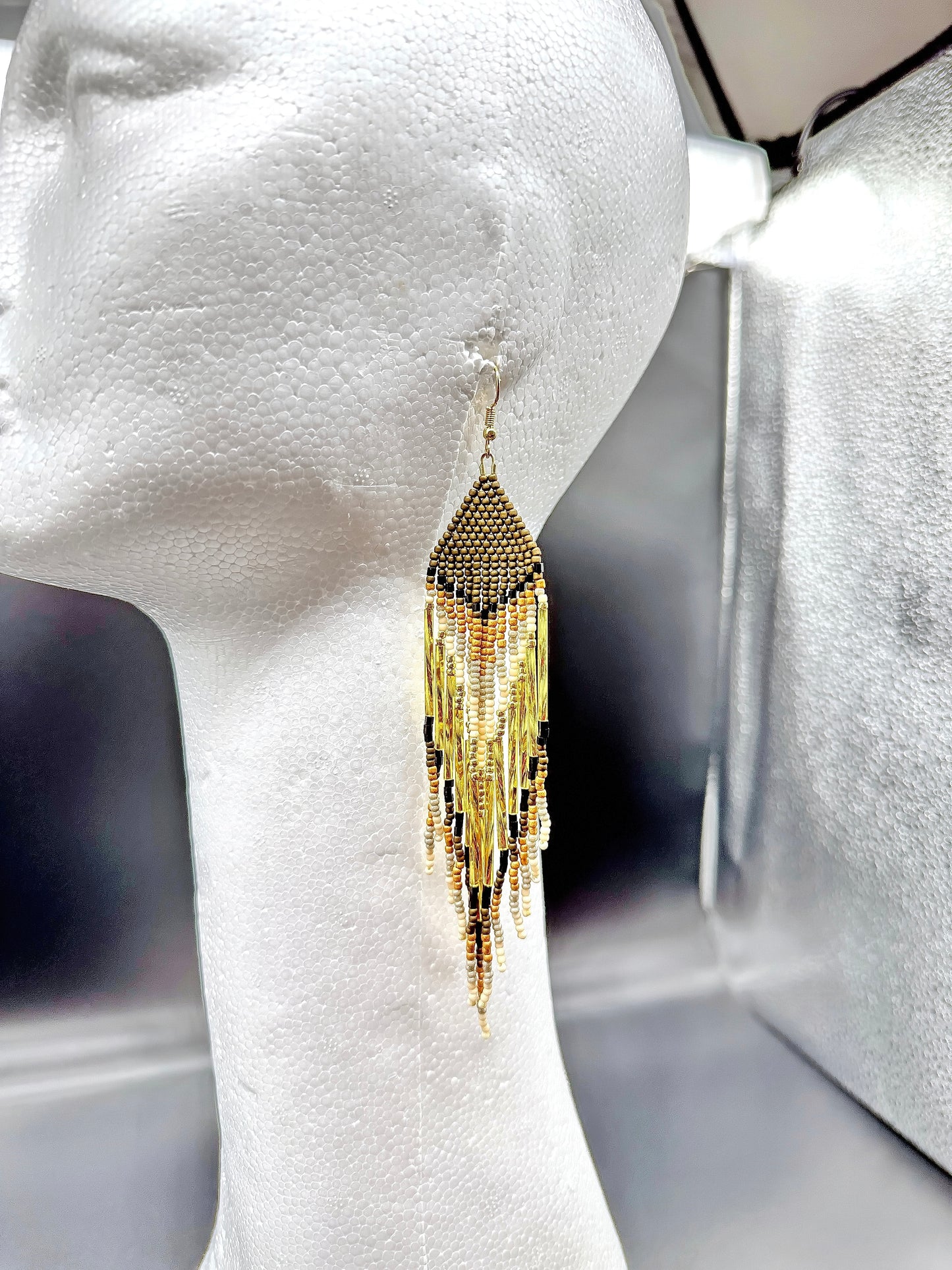 Indigenous Handcrafted Beaded Earrings - 'Feather' - Gold