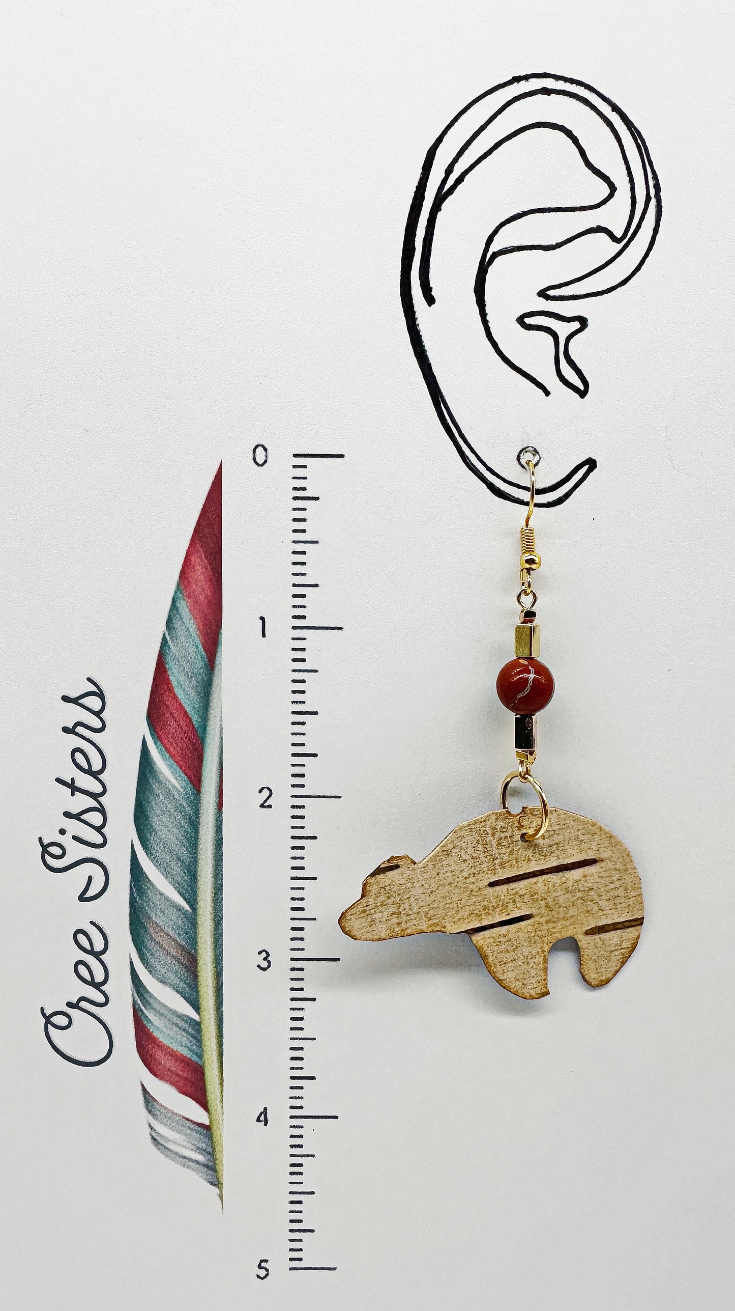 Indigenous Handcrafted Earrings - Birch Bark Bear & Red Jasper