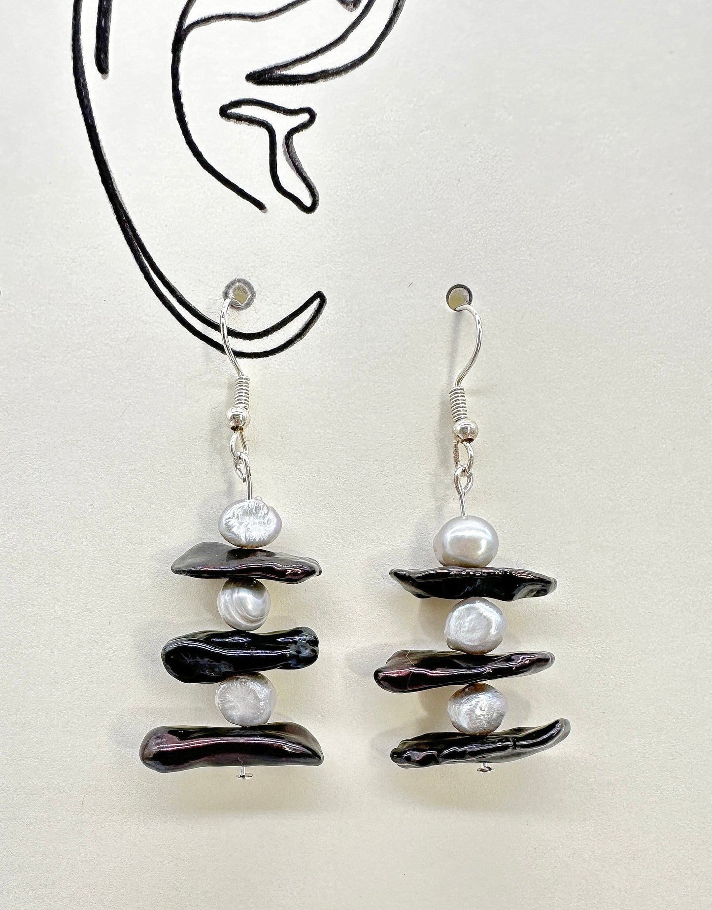 Indigenous Handcrafted Earrings - 'Inukshuk' Mother-of-Pearl / Freshwater Pearls