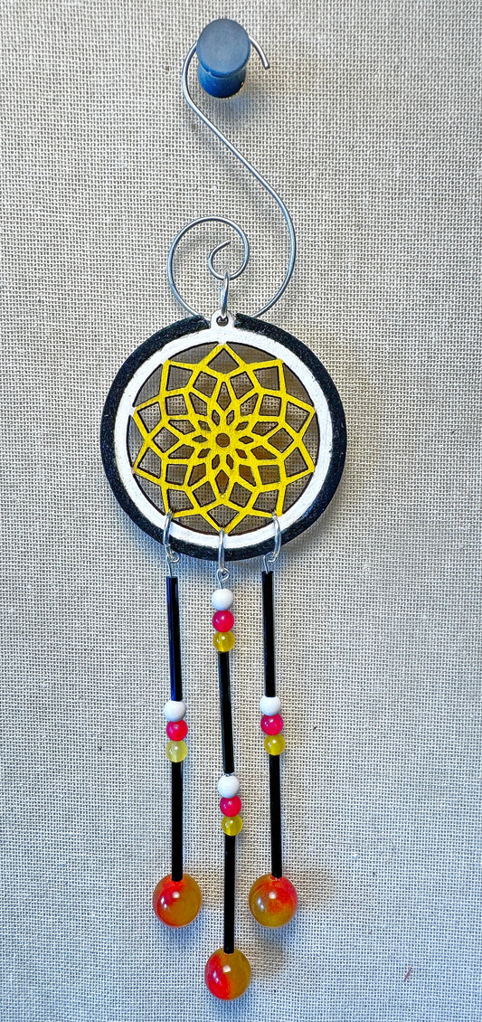 Hand painted Wooden Dreamcatcher w/ 4 Sacred Colours, Deer hide, Agate, & Carnelian (S)