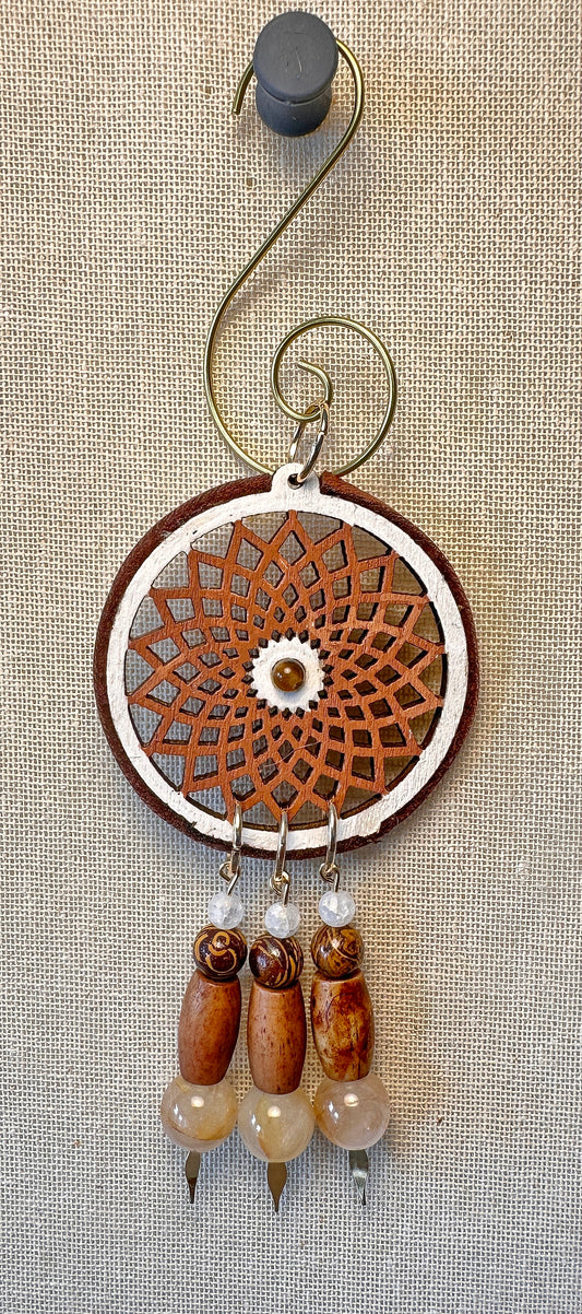 Hand painted Wooden Dreamcatcher w/ Deer hide, Tigers' Eye, Elephant Skin Jasper, Bone Beads, Crackle Agate, Dragon Vein Agate (S)