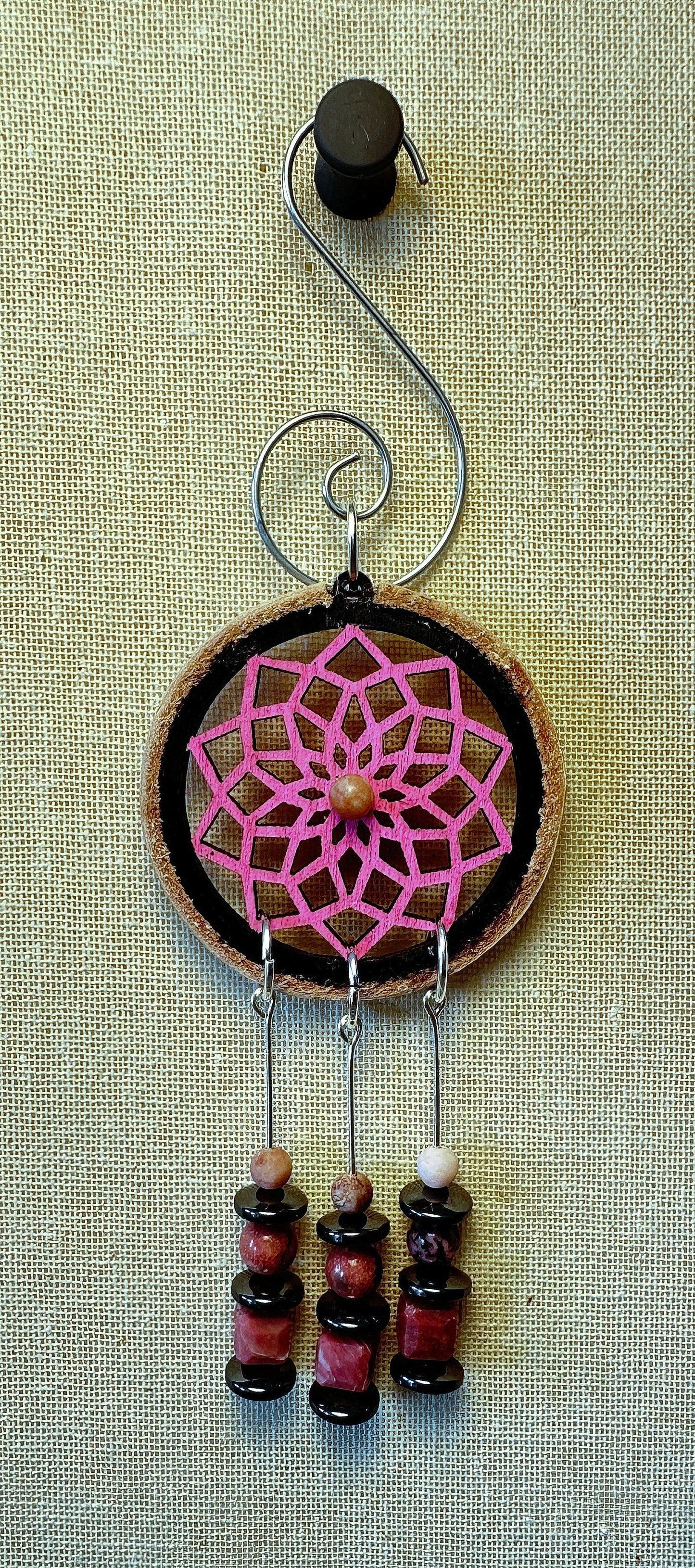 Hand painted Wooden Dreamcatcher w/ Deer hide, Sesame Jasper, Rhodonite, Hematite, & Pink Zebra Jasper (S)