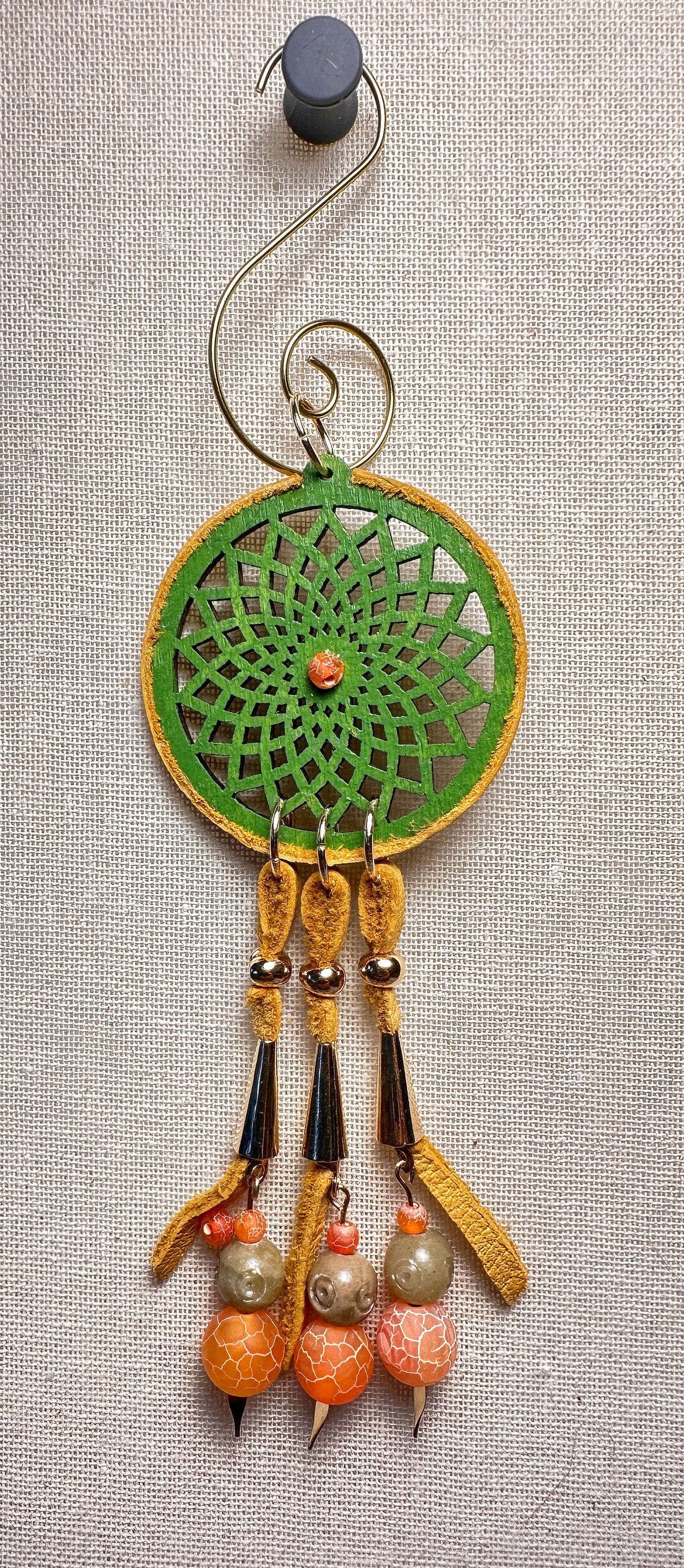 Hand painted Wooden Dreamcatcher w/ Deer hide, Crackle Agate, & Soapstone (S)