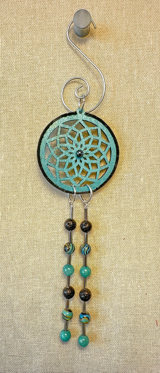 Hand painted Wooden Dreamcatcher w/ Deer hide, Aqua Quartz, Lava Stone, & Hematite (S)