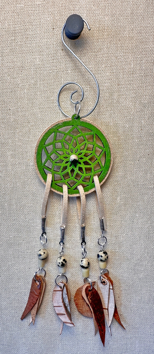 Hand painted Wooden Dreamcatcher w/ Deer hide, Amazonite, Dalmatian Jasper, & Birch Bark (S)