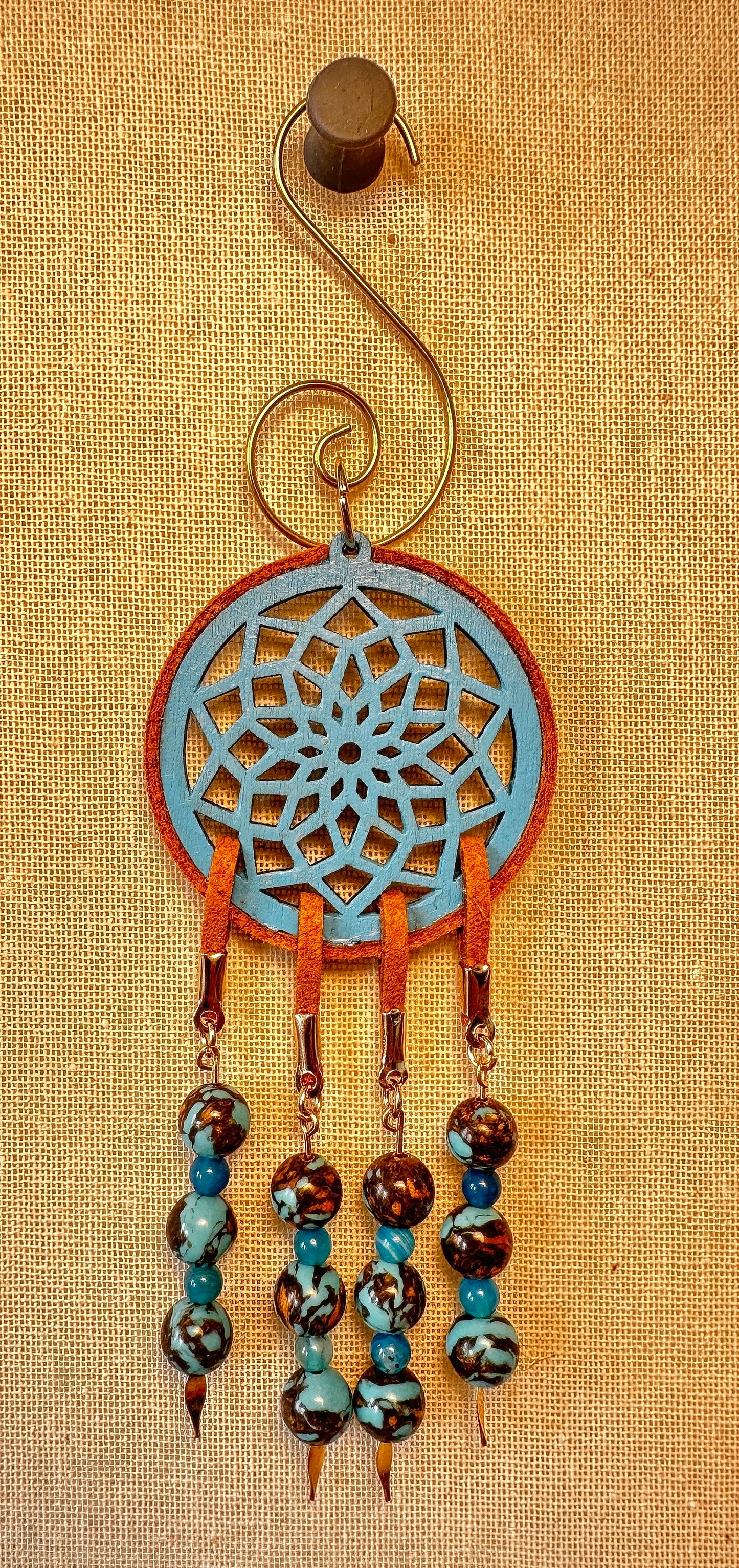 Hand painted Wooden Dreamcatcher w/ Deer hide, Siderolite, & Striped Agate (S)