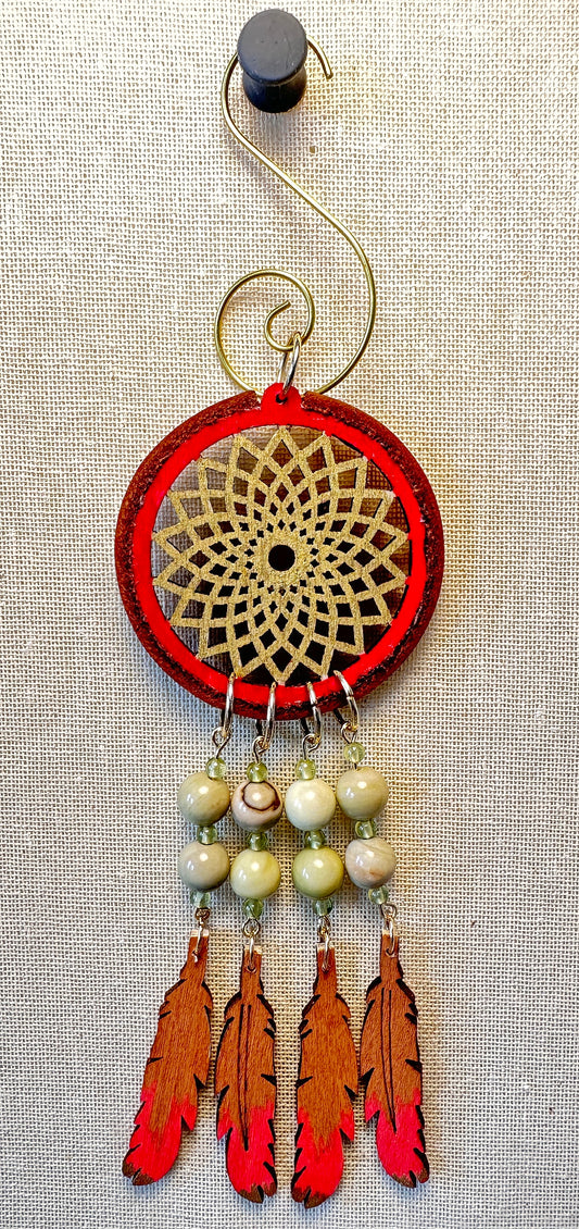 Hand painted Wooden Dreamcatcher w/ Deer hide, Butter Jasper, & Peridot (S)